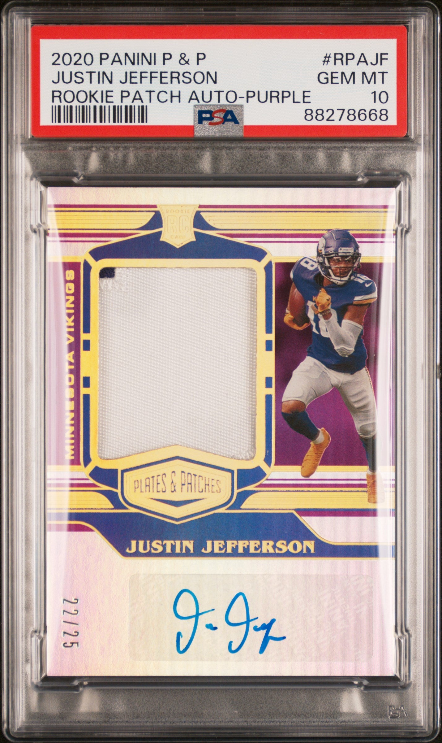 2020 Panini P&P RPA #RPAJF Justin Jefferson RPA Purple /25 PSA 10 POP 2