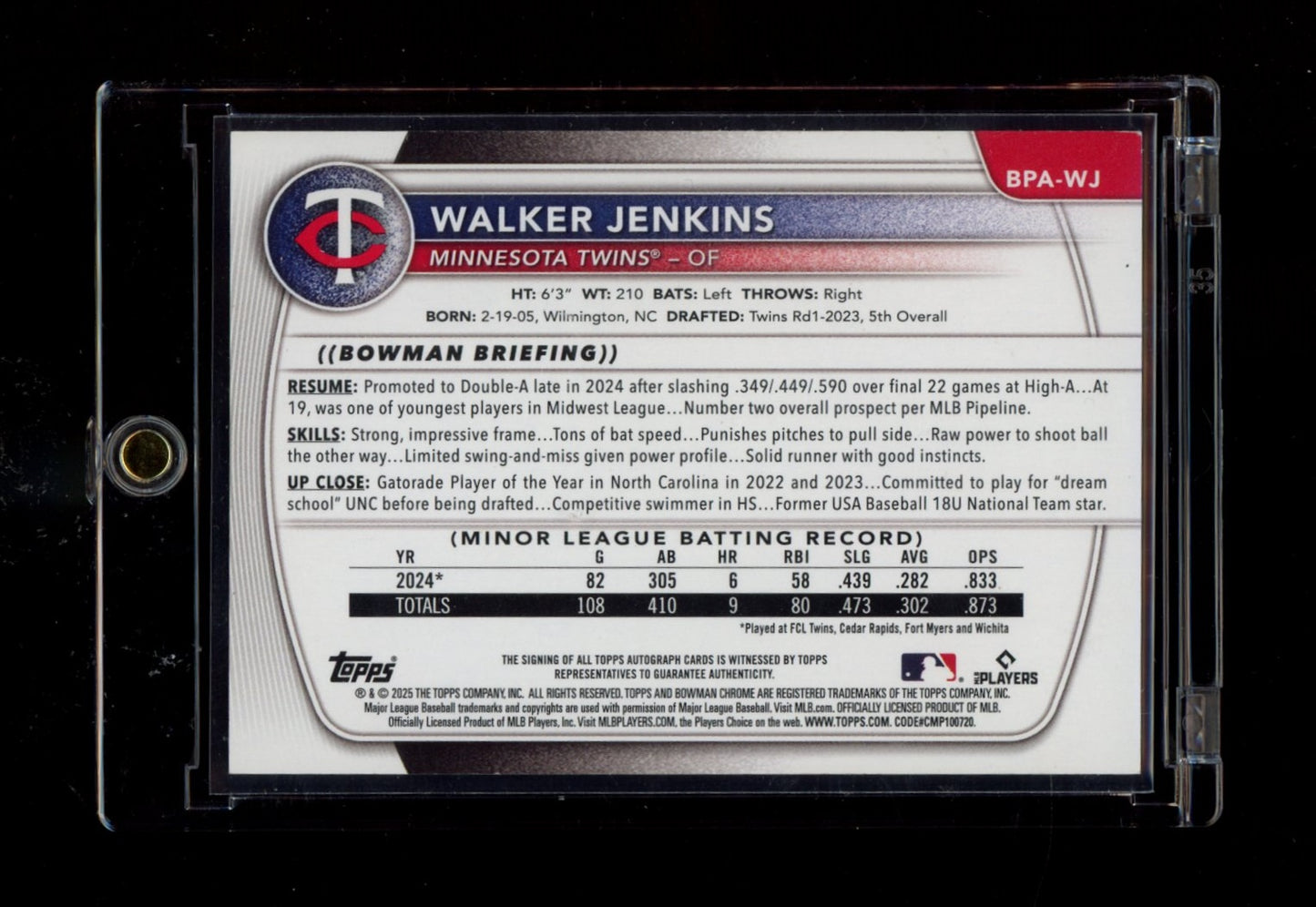 2025 Bowman #BPA-WJ Walker Jenkins Prospect Autographs Purple #/250