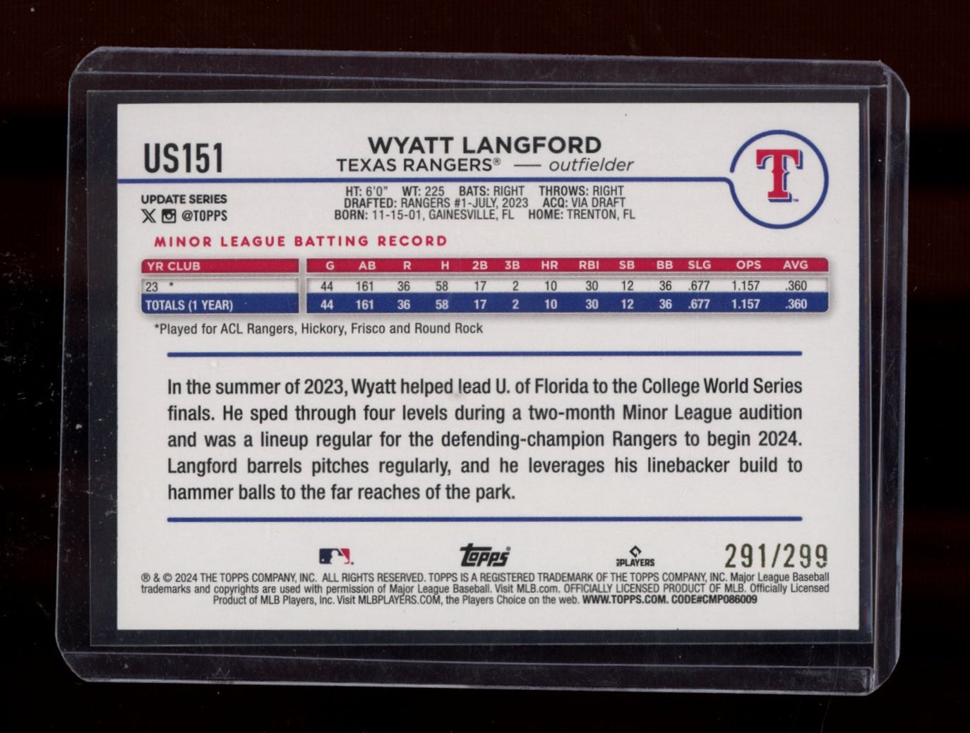 2024 Topps Update #US151 Wyatt Langford Orange Crackle Foilboard #/299