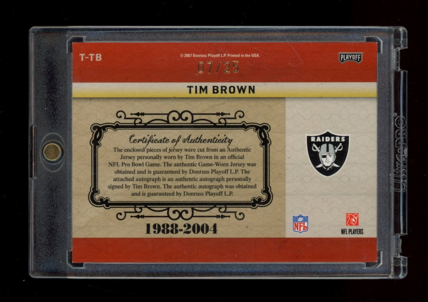 2007 Playoff National Treasures #T-TB Tim Brown Timeline Material Jumbo #/25