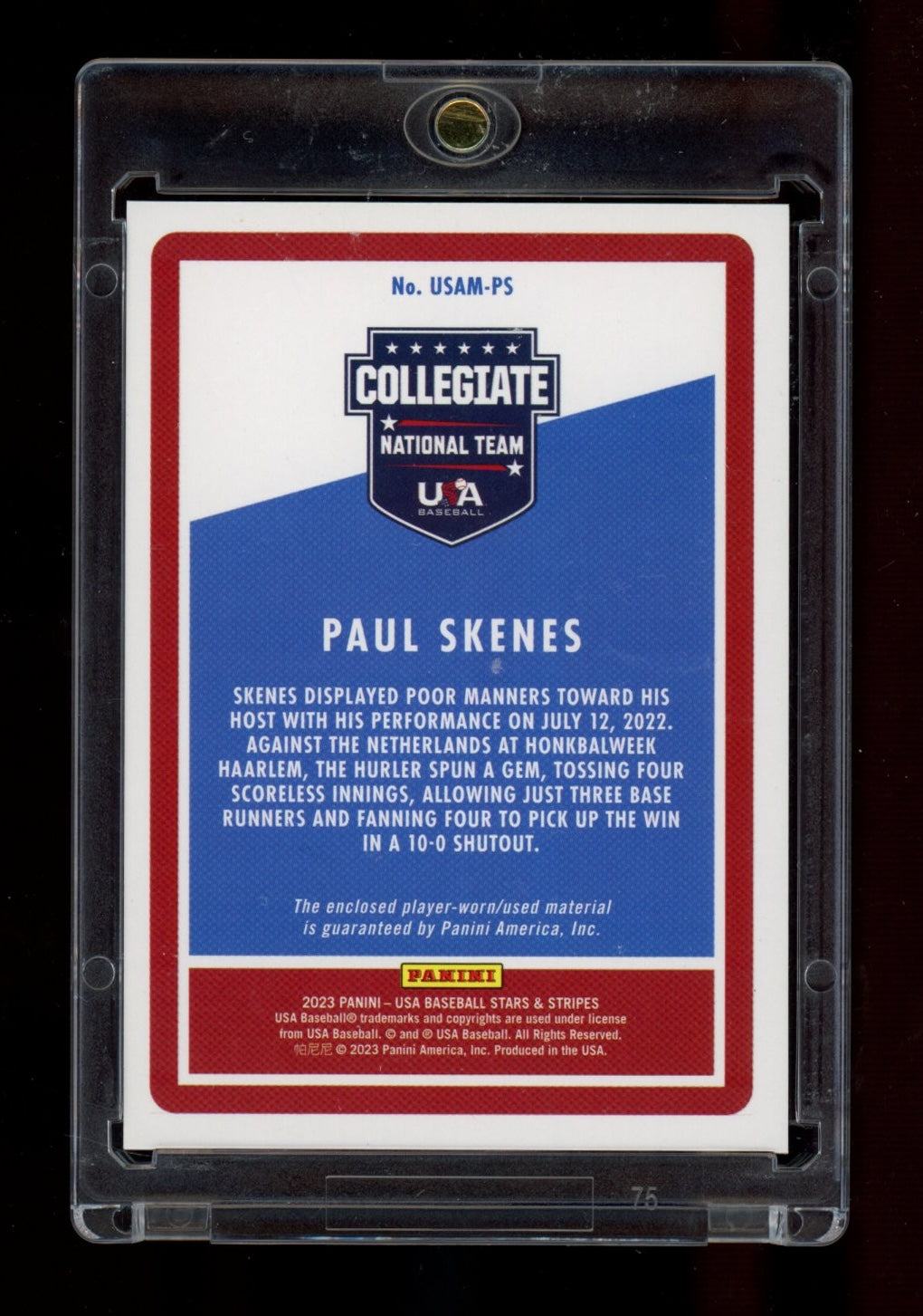 2023 Panini Stars & Stripes USA Baseball #USAM-PS Paul Skenes USA Material #/250