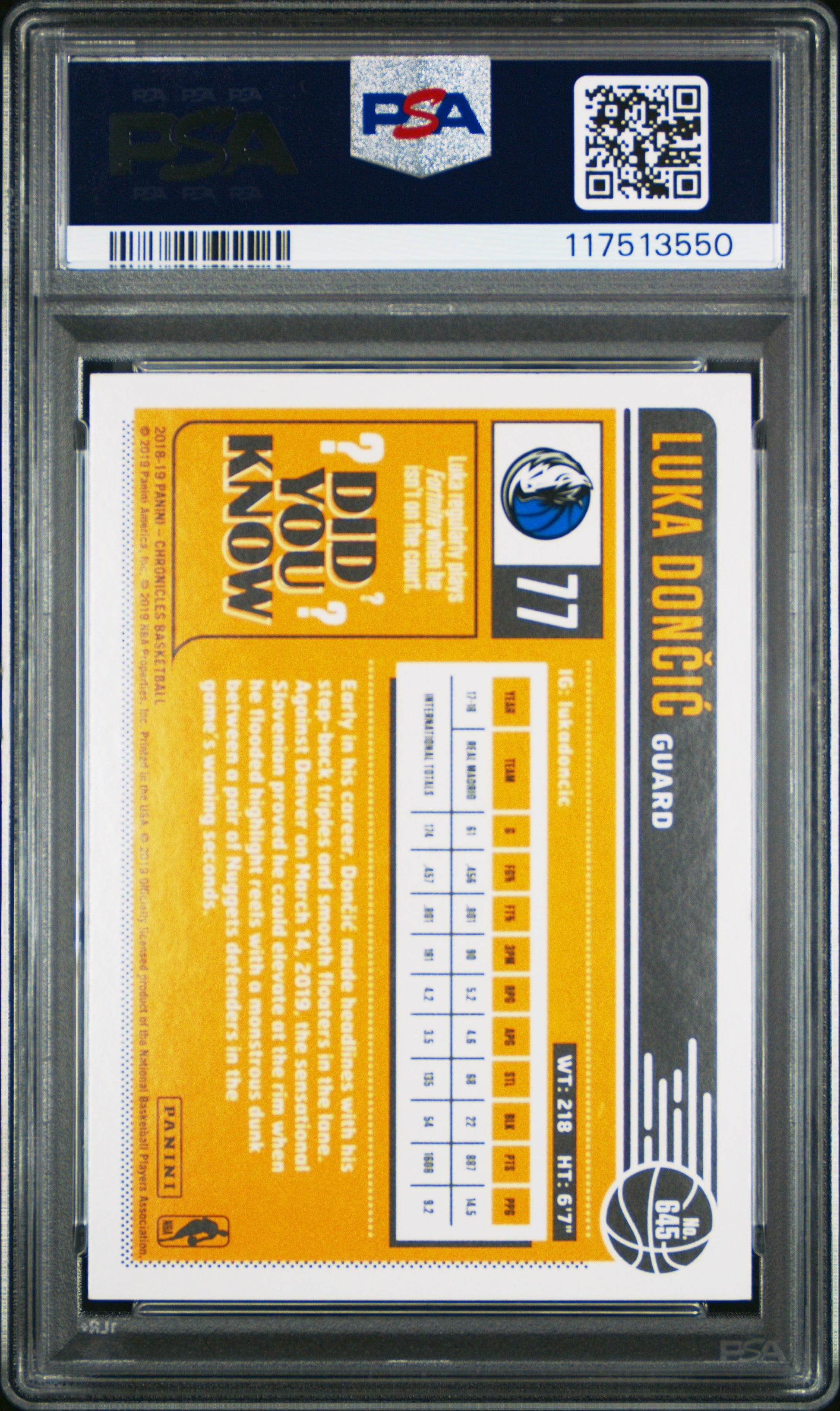 2018 Panini Chronicles #645 Luka Doncic PSA 8