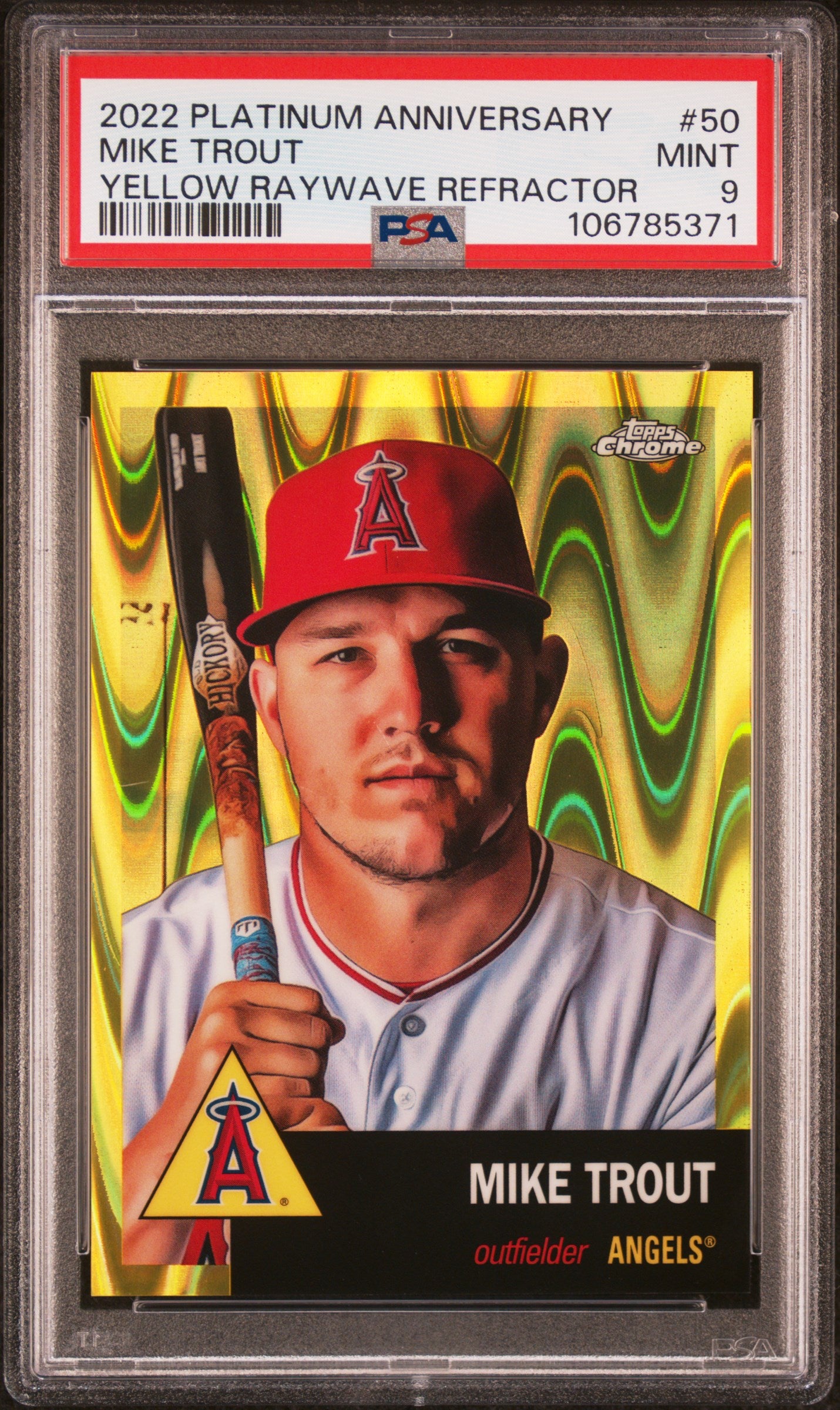 2022 Topps Chrome Plat Anniv #50 Mike Trout Yellow Raywave Refractor /275 PSA 9