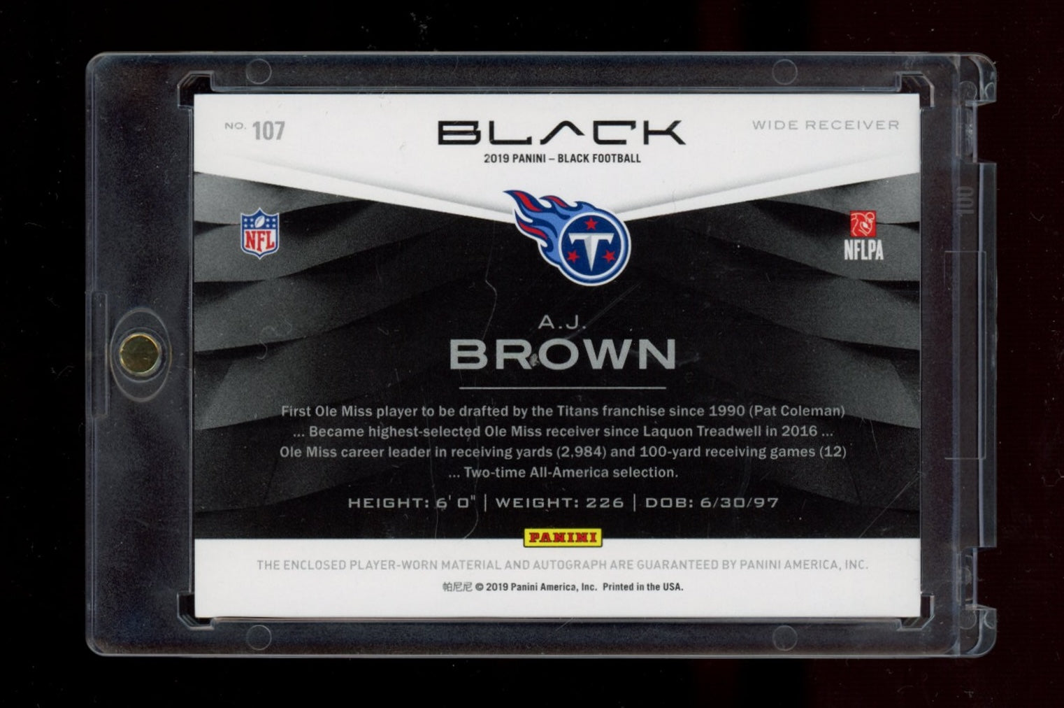 2019 Panini Black #107 RPA A.J. Brown Copper #/25