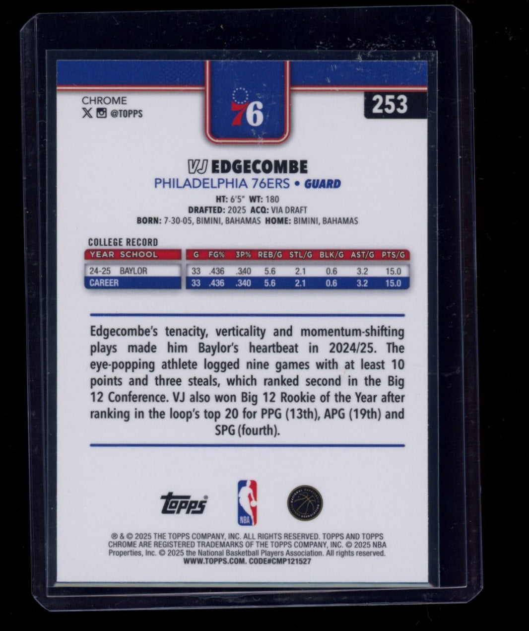 2025-26 Topps Chrome #253 VJ Edgecombe Negative Refractor