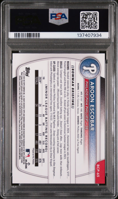 2025 Bowman Chrome Prospects #BCP65 Aroon Escobar Chr Pros-Blue Reptilian PSA 10