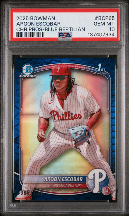 2025 Bowman Chrome Prospects #BCP65 Aroon Escobar Chr Pros-Blue Reptilian PSA 10