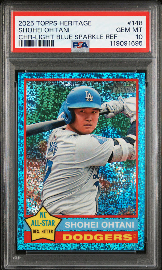 2025 Topps Heritage #148 Shohei Ohtani Chr-Light Blue Sparkle Ref PSA 10