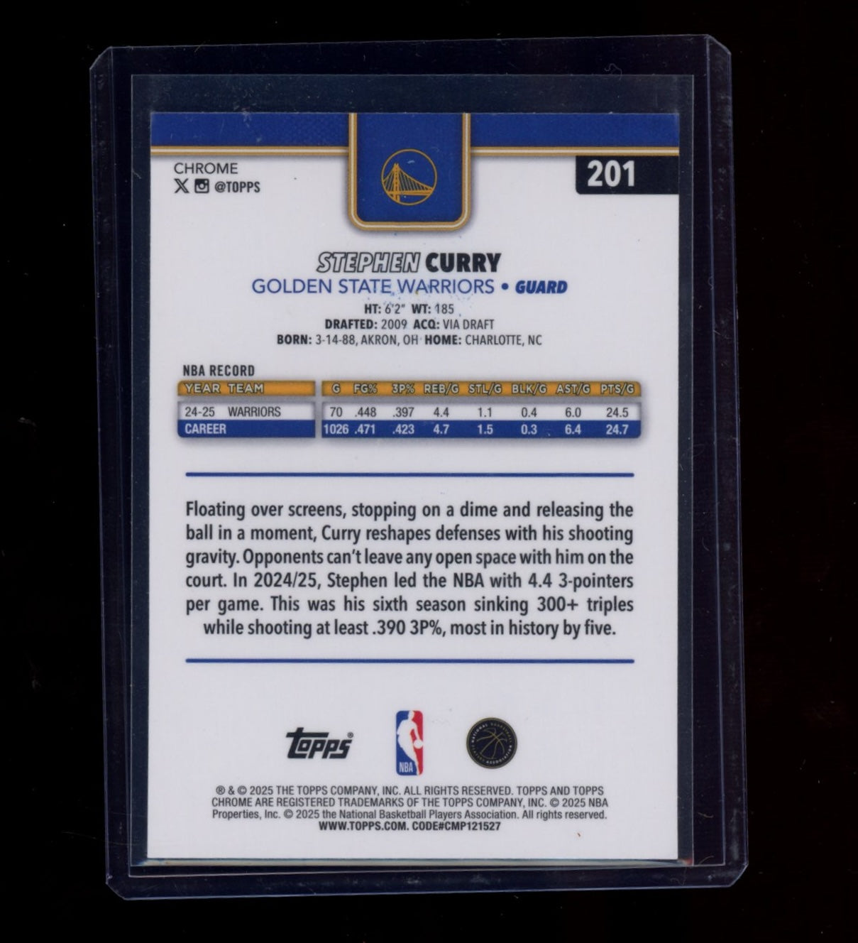 2025-26 Topps Chrome #201 Stephen Curry Yellow Basketball Refractor #/275
