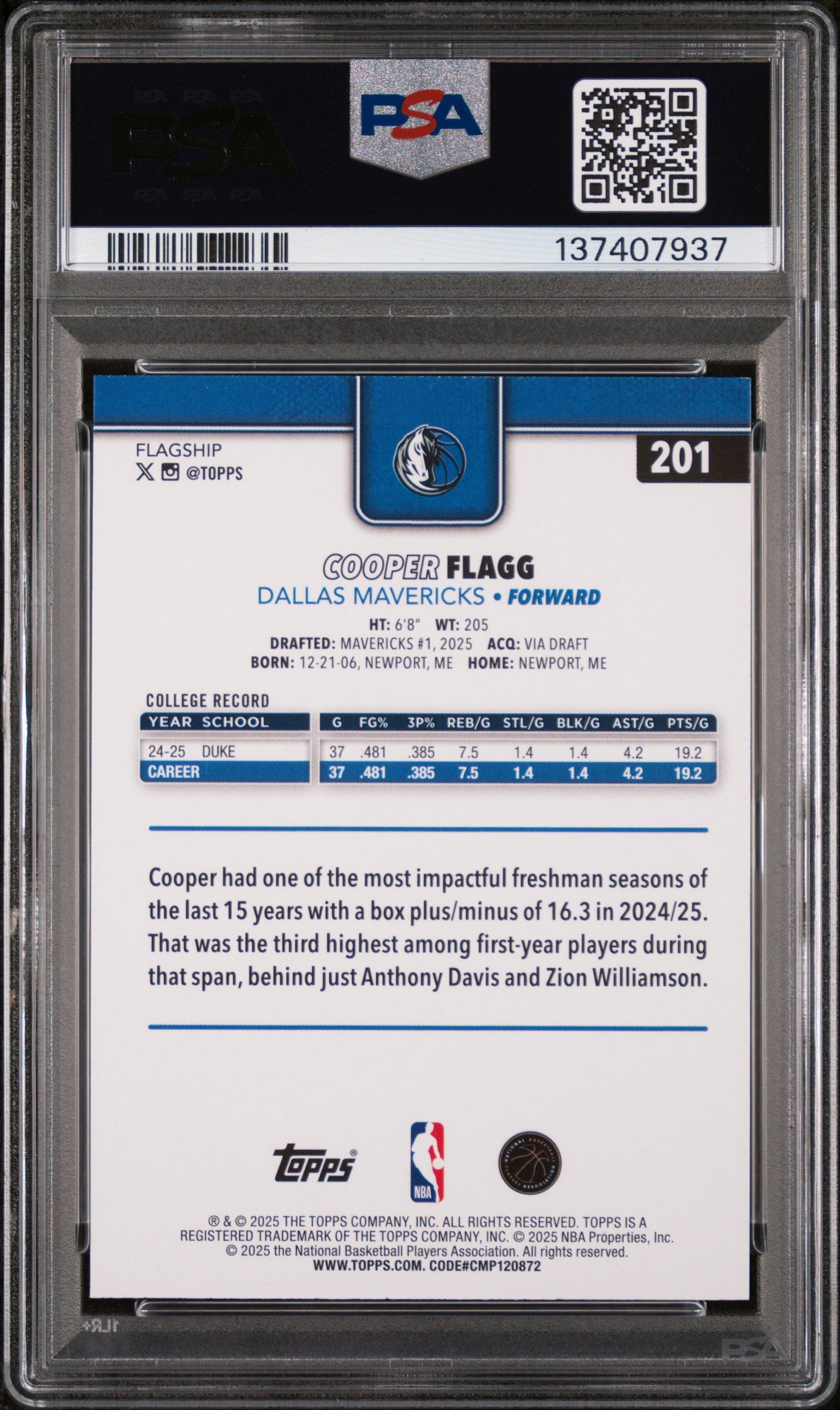 2025 Topps #201 Cooper Flagg Diamante PSA 9
