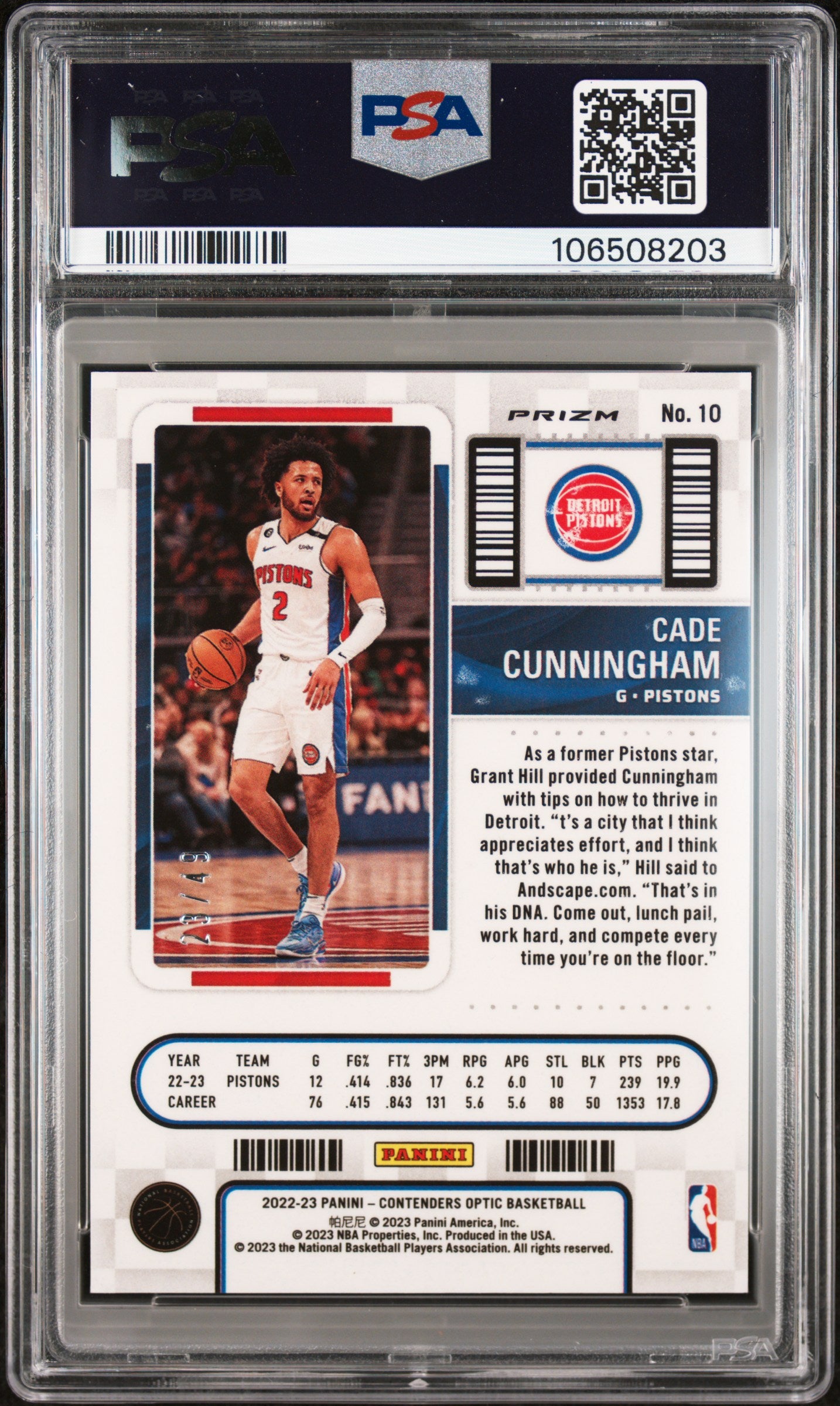 2022 Panini Contenders Optic #10 Cade Cunningham Orange PSA 9