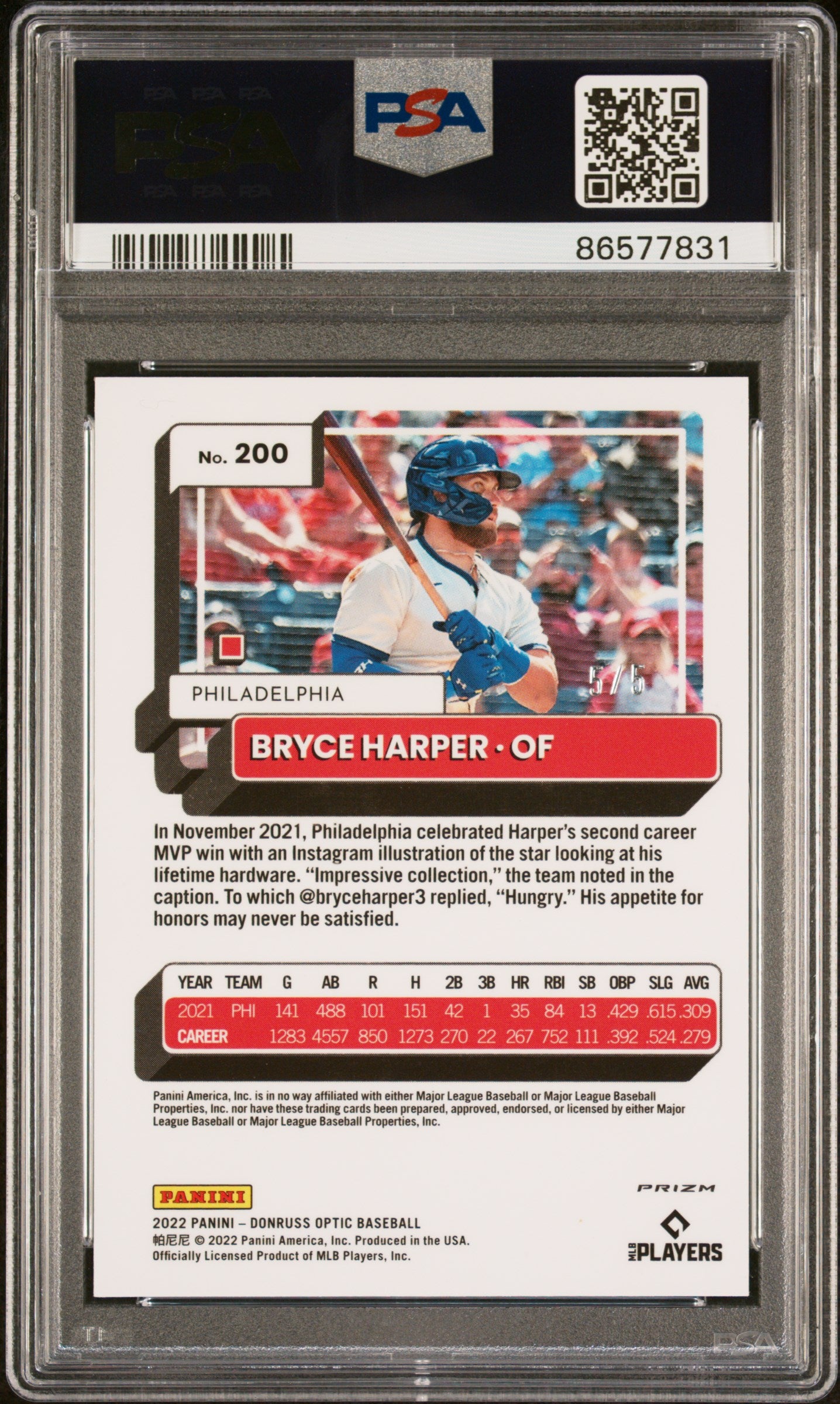 2022 Panini Donruss Optic #200 Bryce Harper Green PSA 9