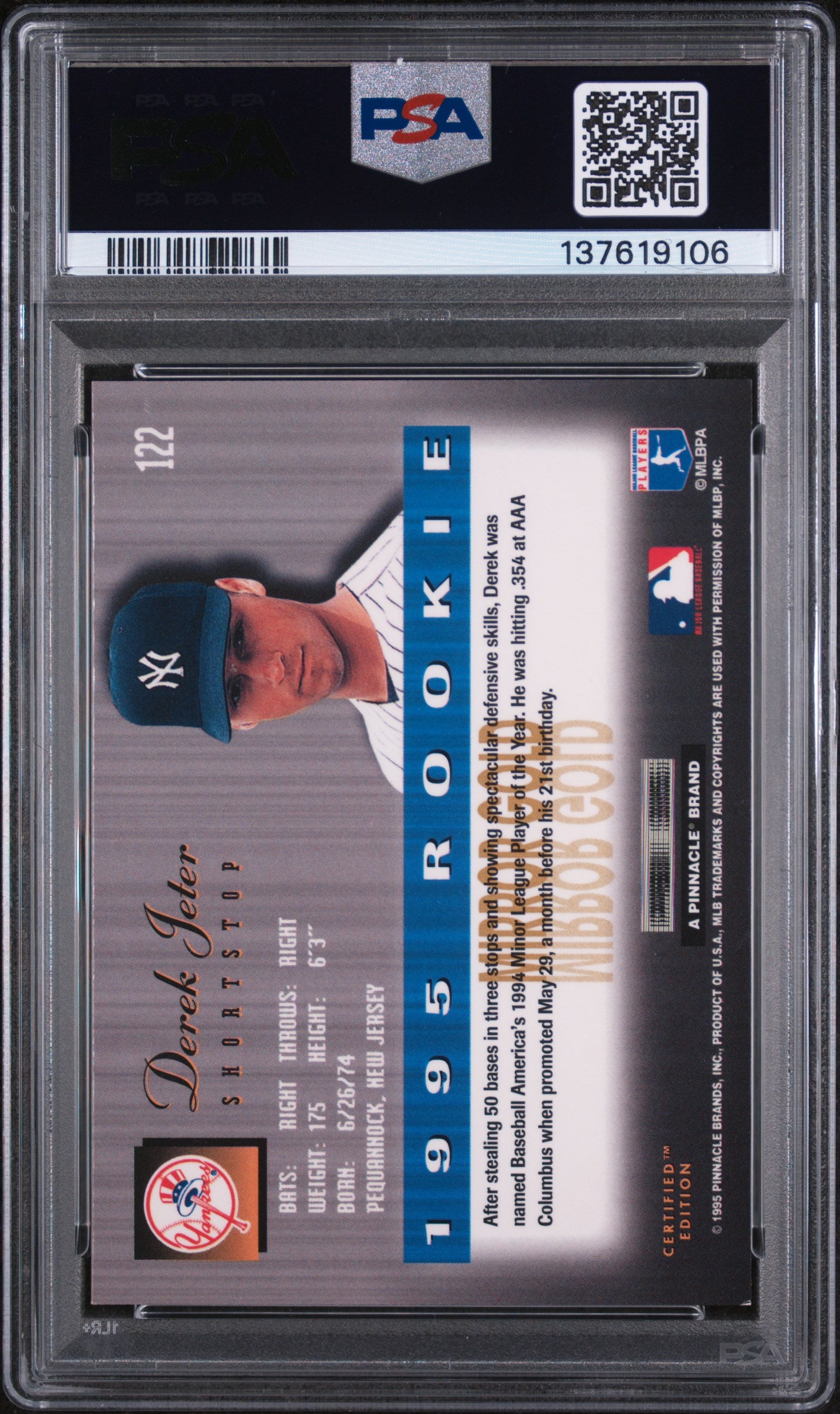 1995 Select Certified #122 Derek Jeter Mirror Gold PSA 8