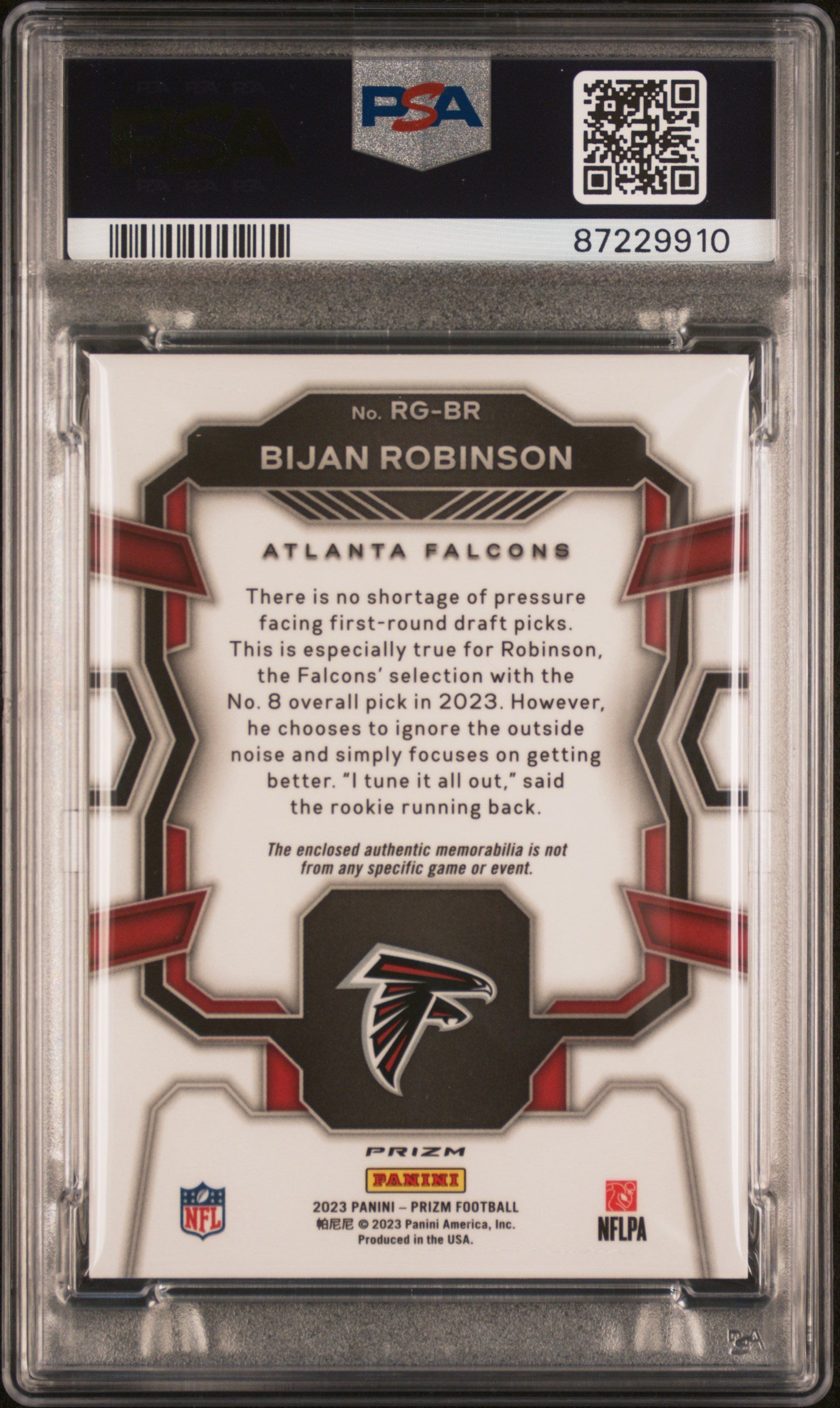 2023 Panini Prizm Rookie Gear #RGBR Bijan Robinson Rookie Gear-Pink PSA 10