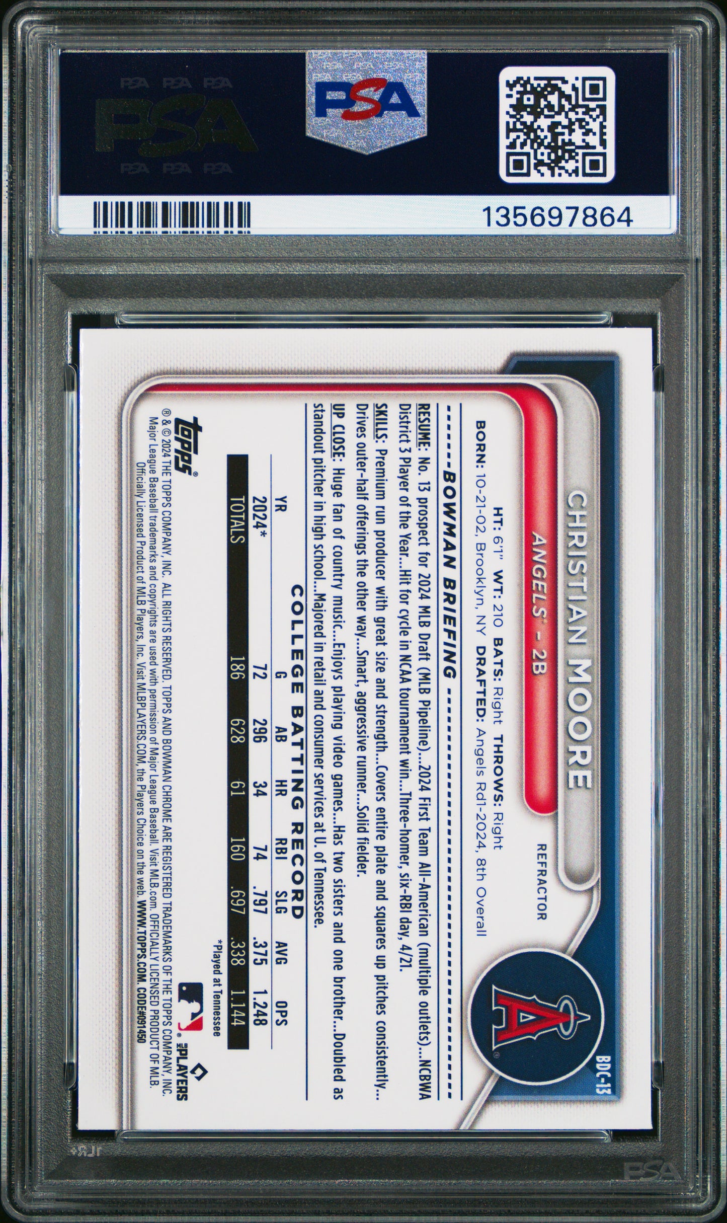 2024 Bowman Draft #BDC13 Christian Moore Chrome-Refractor PSA 10