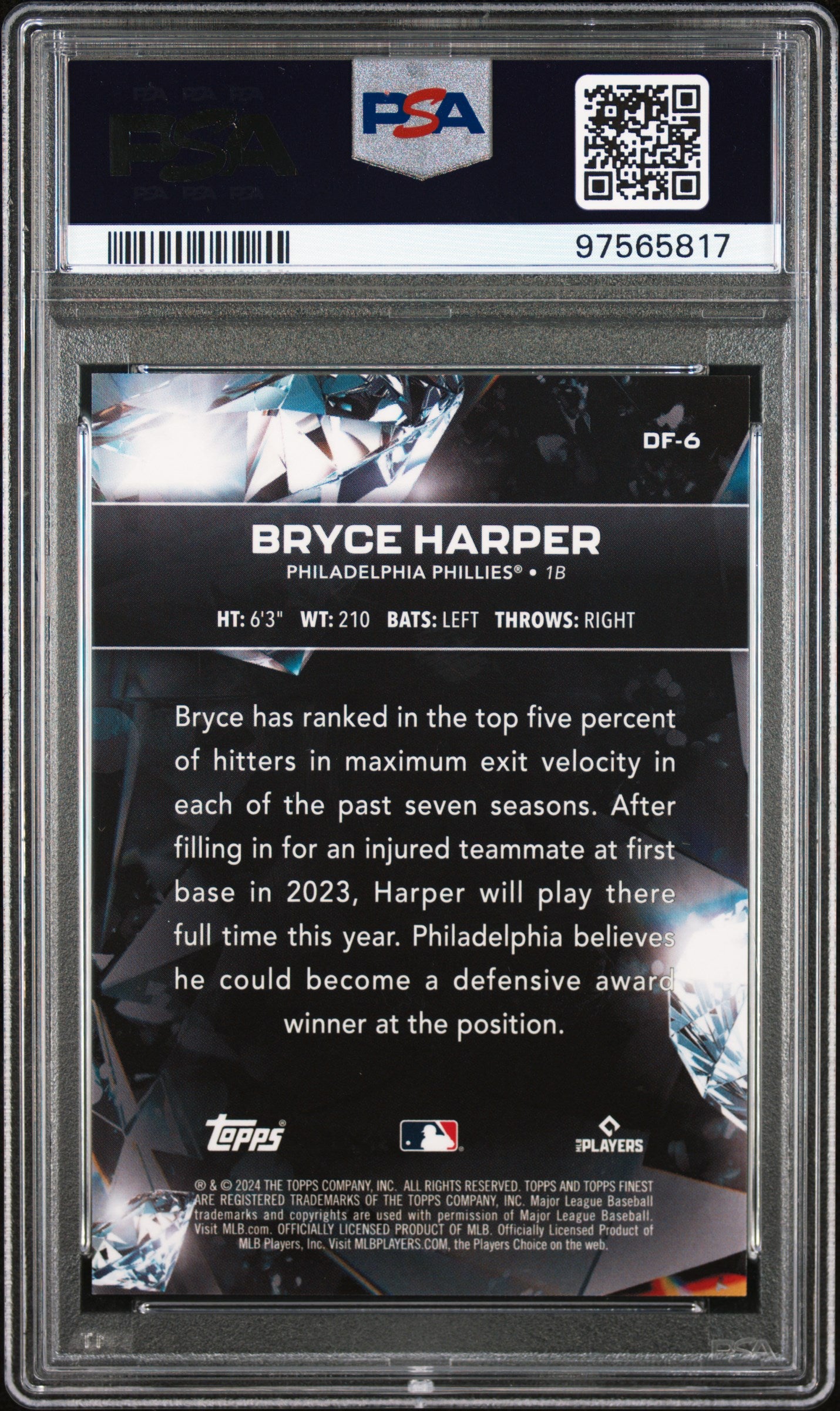 2024 Topps Finest Diamond Finest #DF6 Bryce Harper Diamond Finest-Red Ref PSA 10