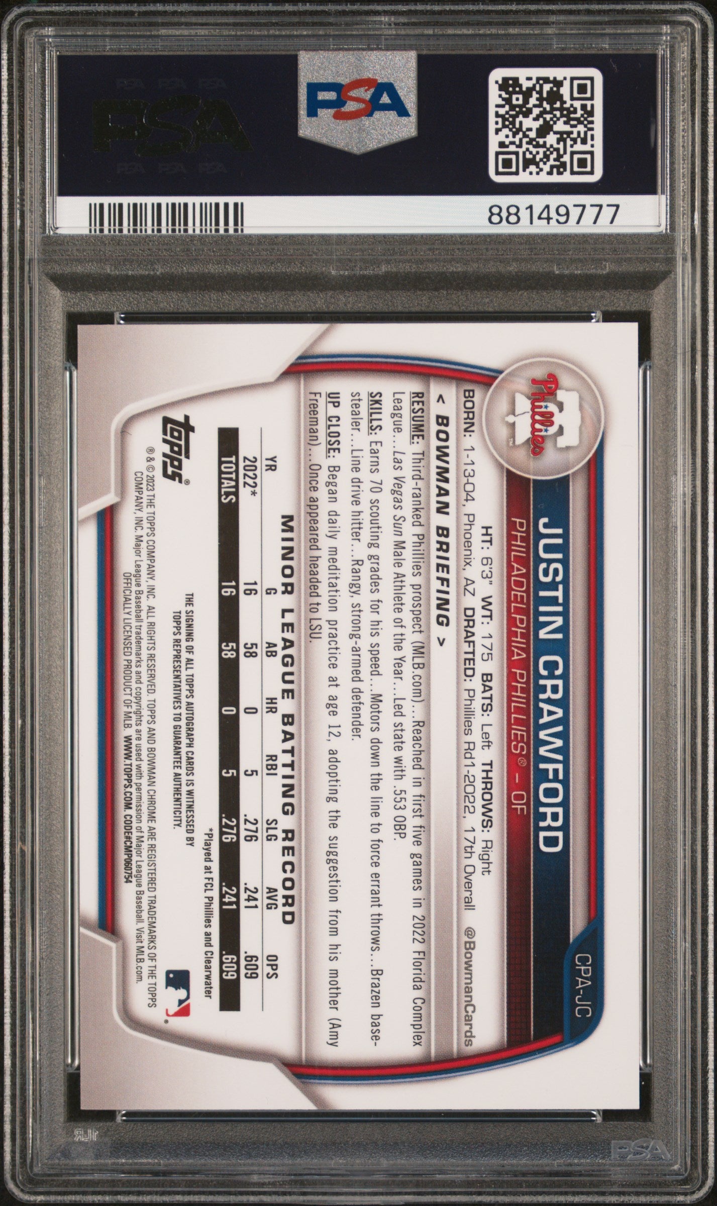 2023 Bowman Chrome Prospect Auto #CPAJC Justin Crawford Green Grass Ref PSA 9