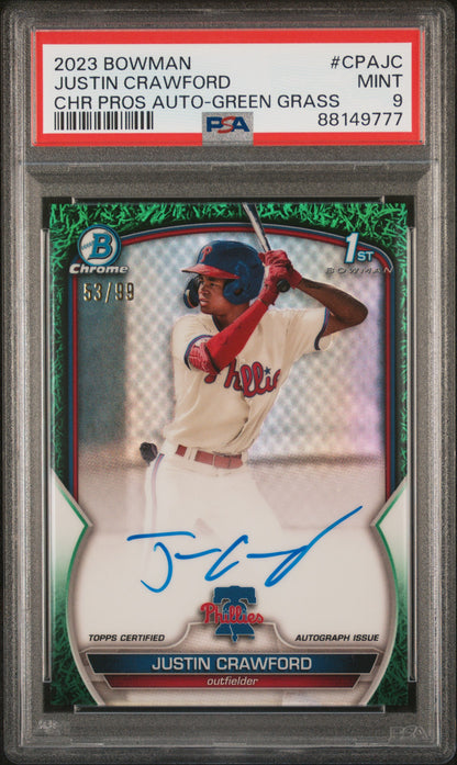 2023 Bowman Chrome Prospect Auto #CPAJC Justin Crawford Green Grass Ref PSA 9