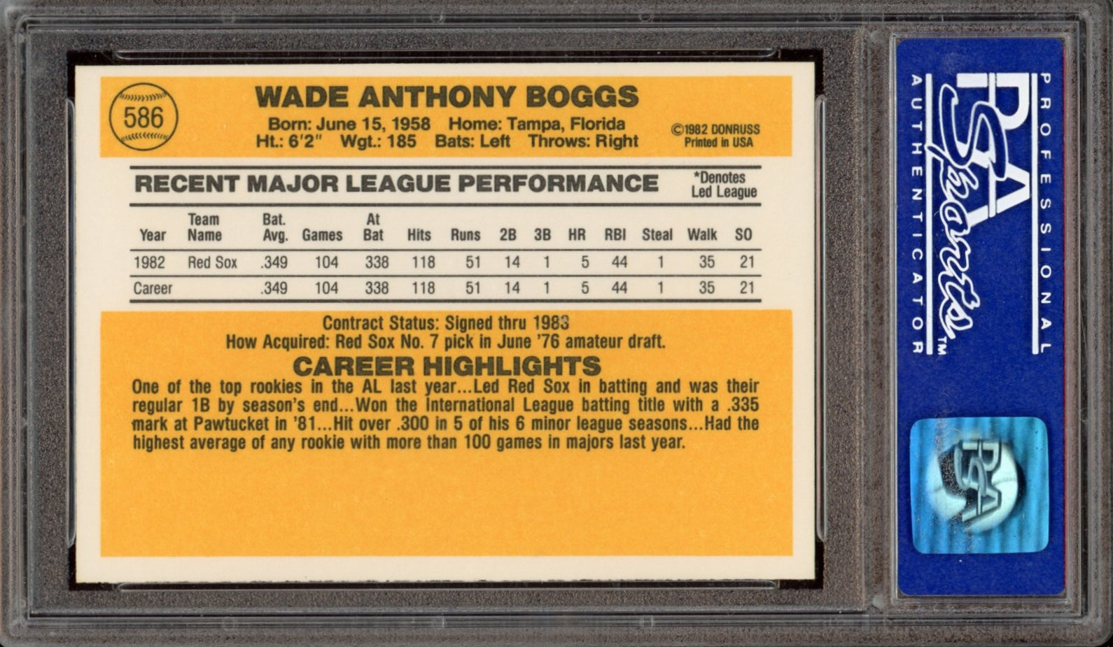 1983 Donruss #586 Wade Boggs PSA 9