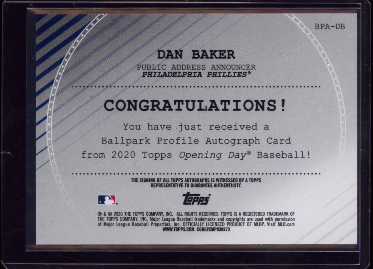 2020 Topps Opening Day #BPA-DB Dan Baker Ballpark Profile Autographs