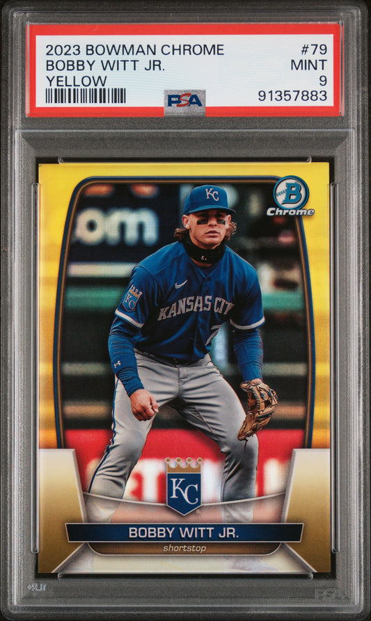 2023 Bowman Chrome #79 Bobby Witt Jr. Yellow Refractor PSA 9