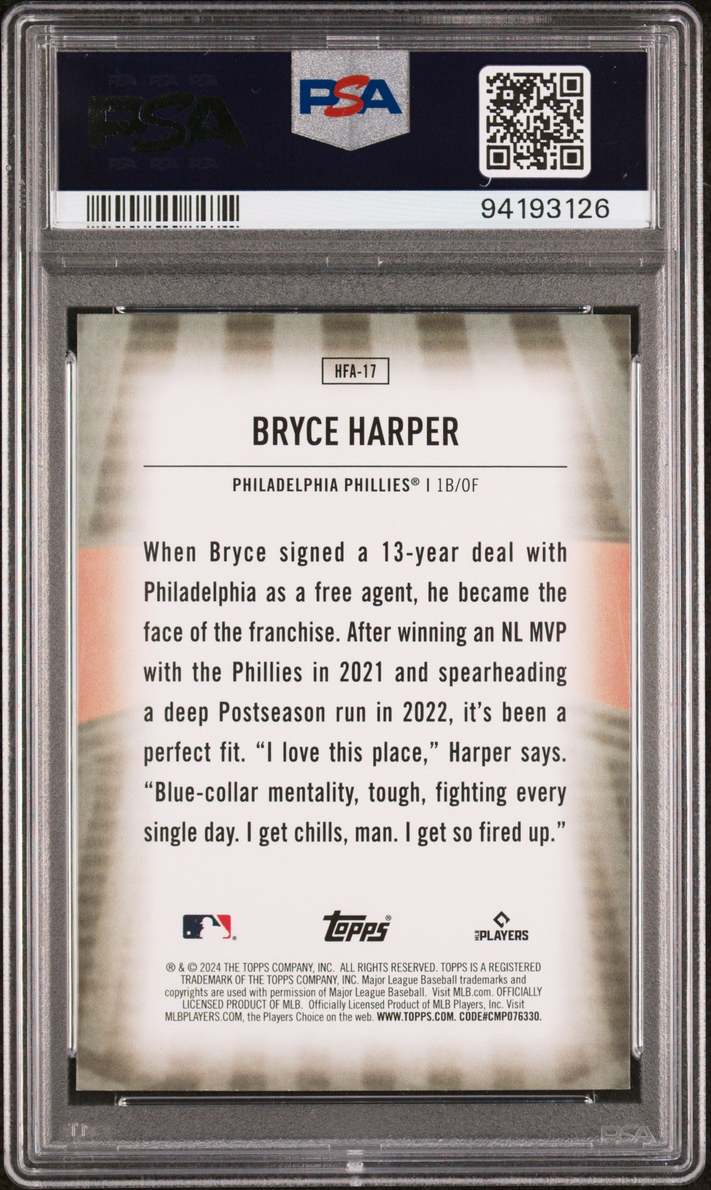 2024 Topps Home Field Advantage #HFA17 Bryce Harper PSA 9