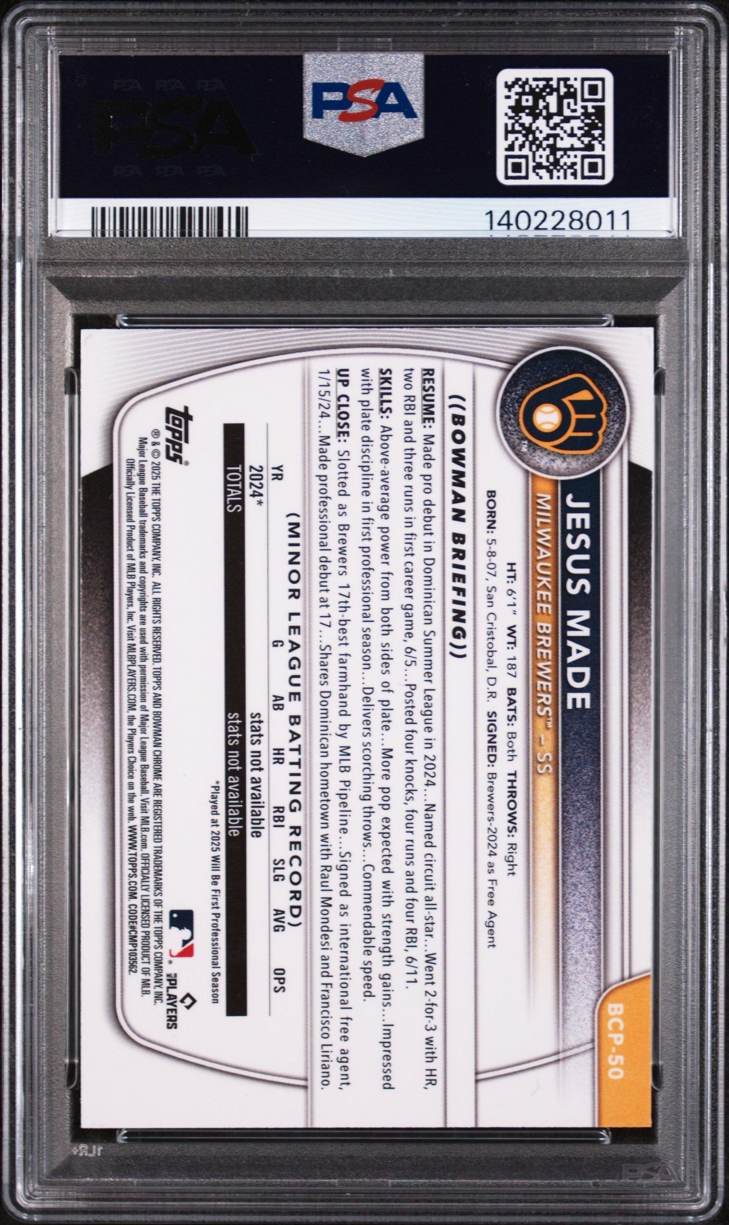 2025 Bowman Mega Box Chrome Prospects #50 Jesus Made PSA 9