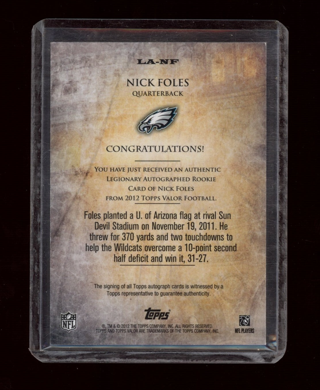 2012 Topps Valor #LA-NF Nick Foles Legionary Autographs Discipline #/25