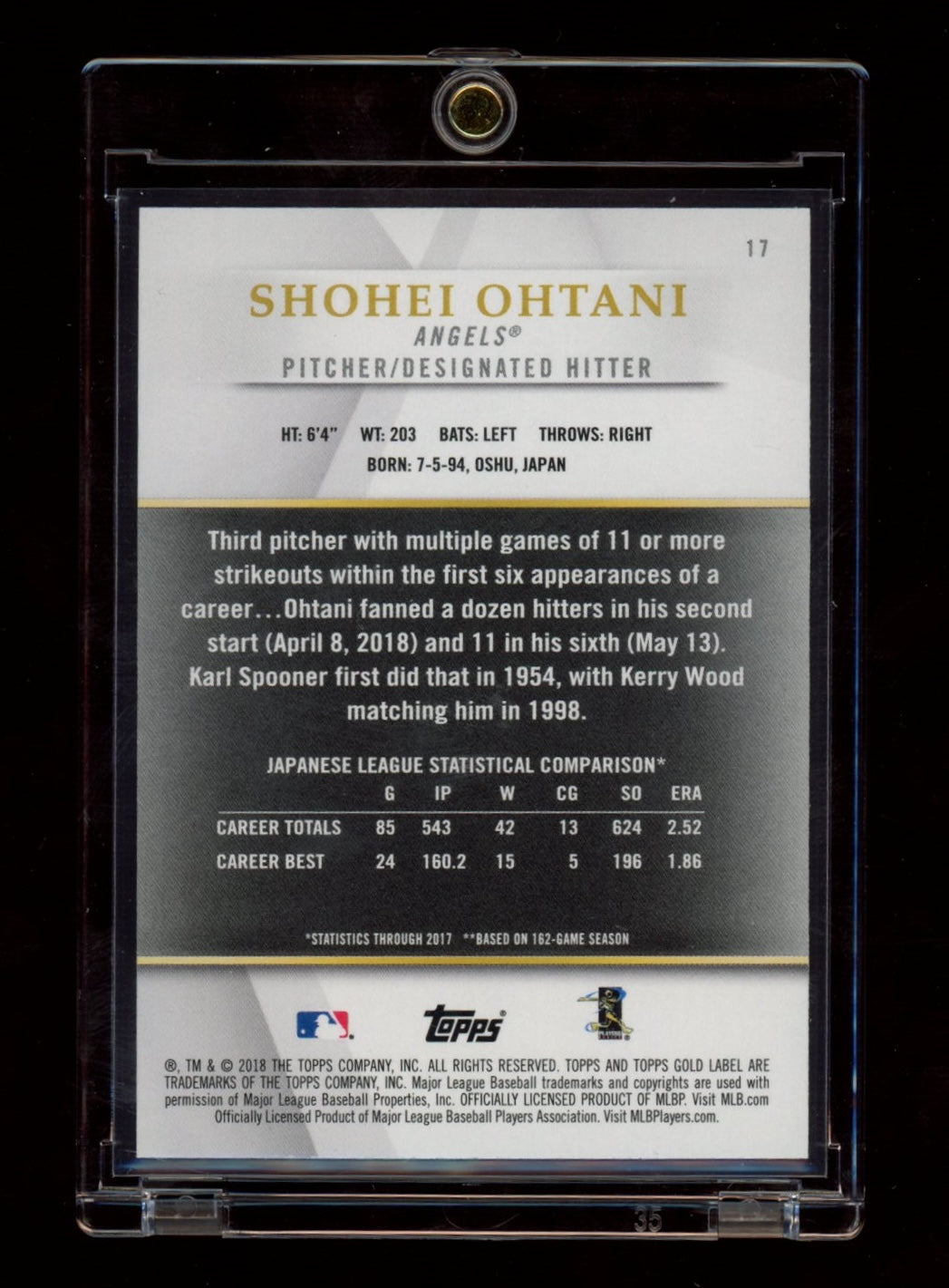 2018 Topps Gold Label #17 Shohei Ohtani