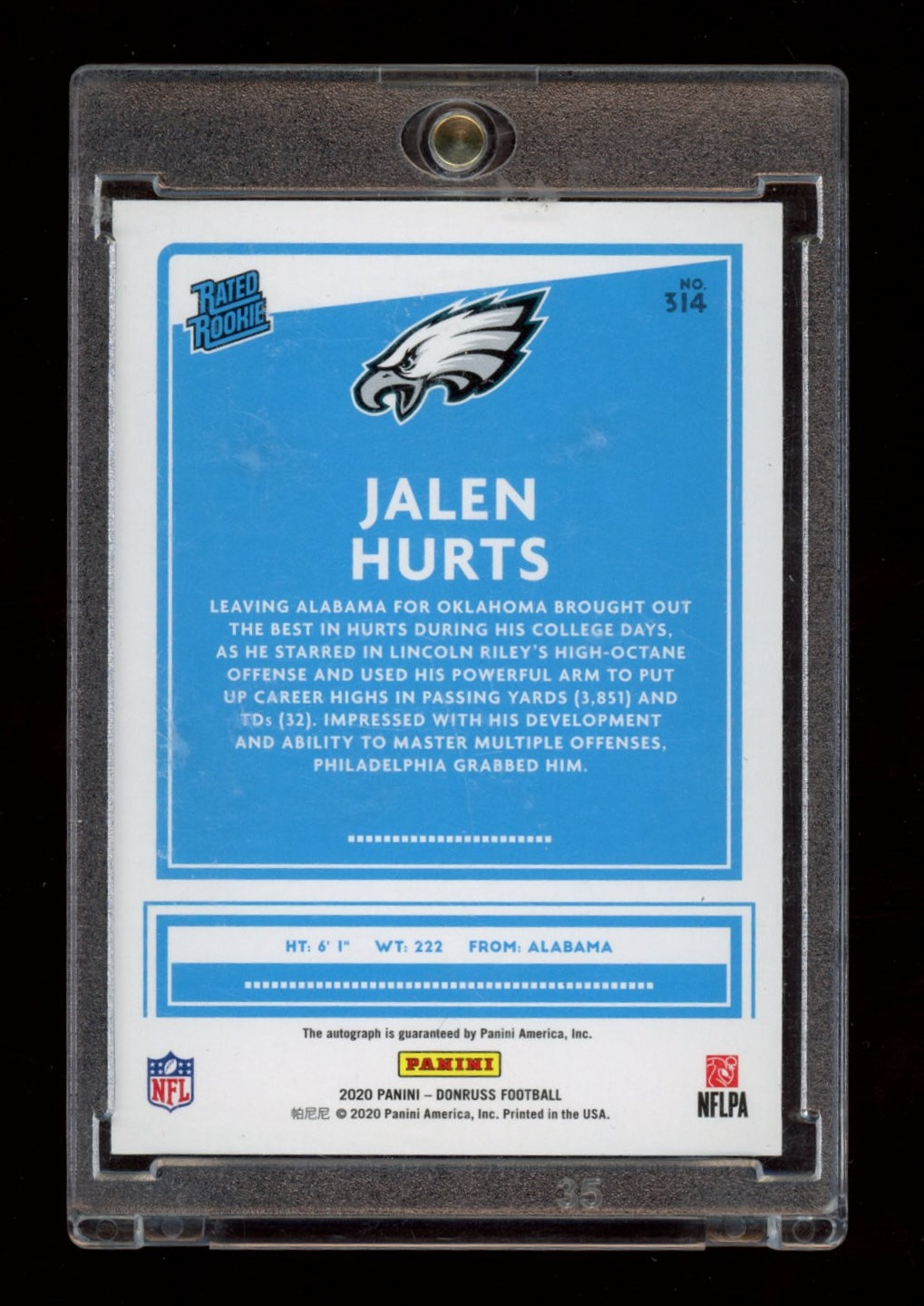 2020 Donruss #314 Jalen Hurts Rated Rookies Autographs Orange