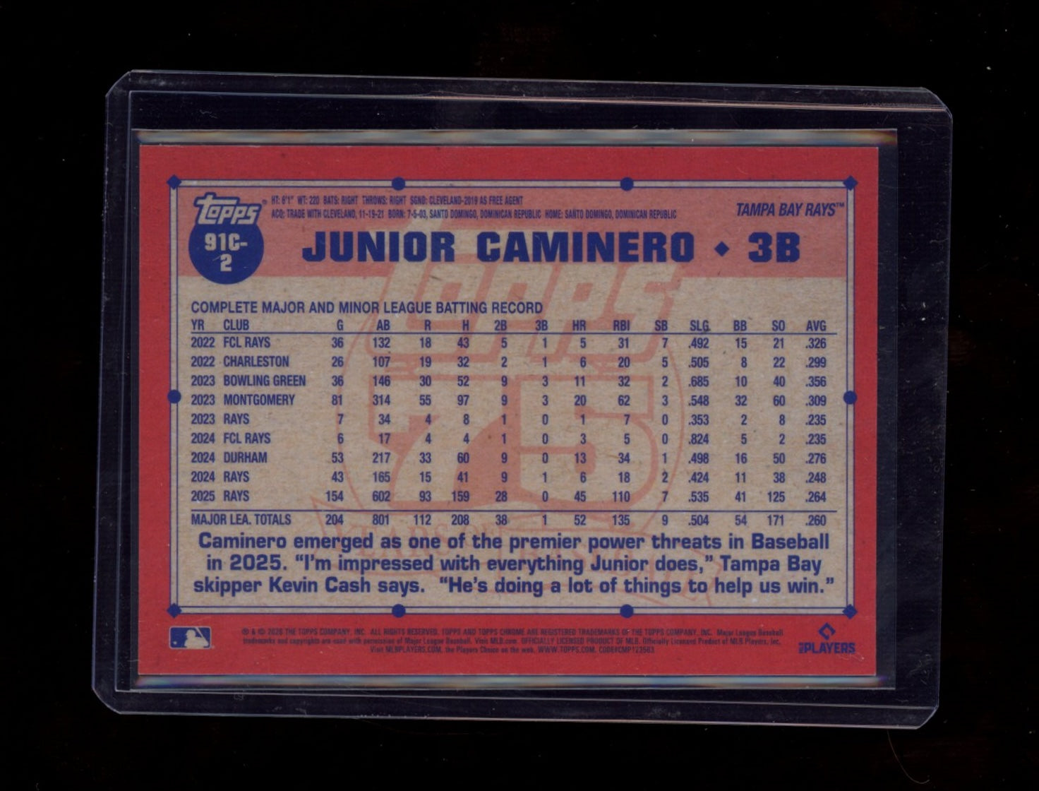 2026 Topps #91C-2 Junior Caminero Topps Baseball 35th Anniv Black  #/10