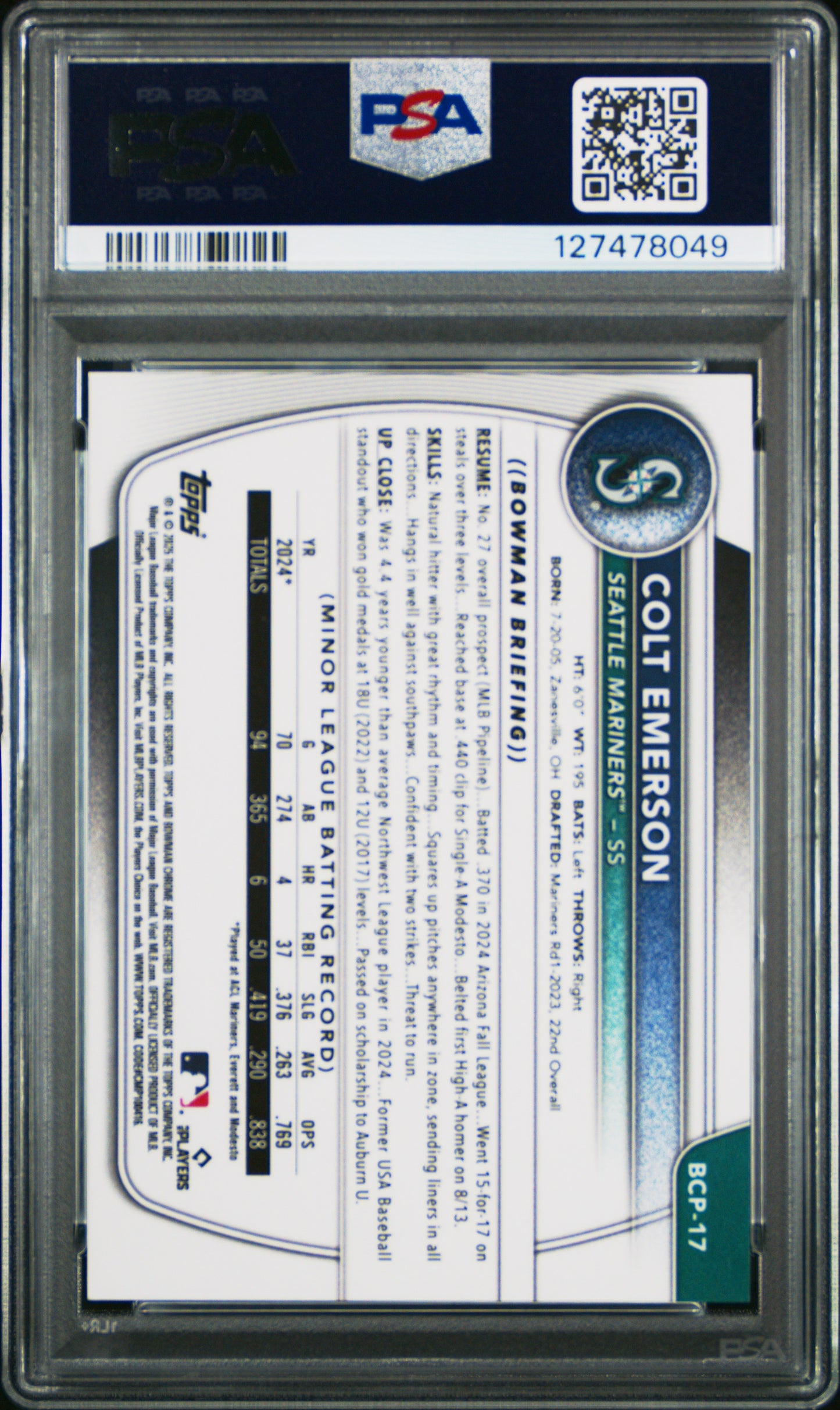 2025 Bowman Sapphire Edition Chrome #BCP17 Colt Emerson Gold /50 PSA 10