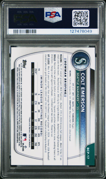 2025 Bowman Sapphire Edition Chrome #BCP17 Colt Emerson Gold /50 PSA 10