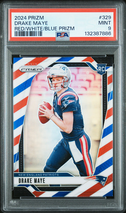 2024 Panini Prizm #329 Drake Maye Red/White/Blue Prizm PSA 9
