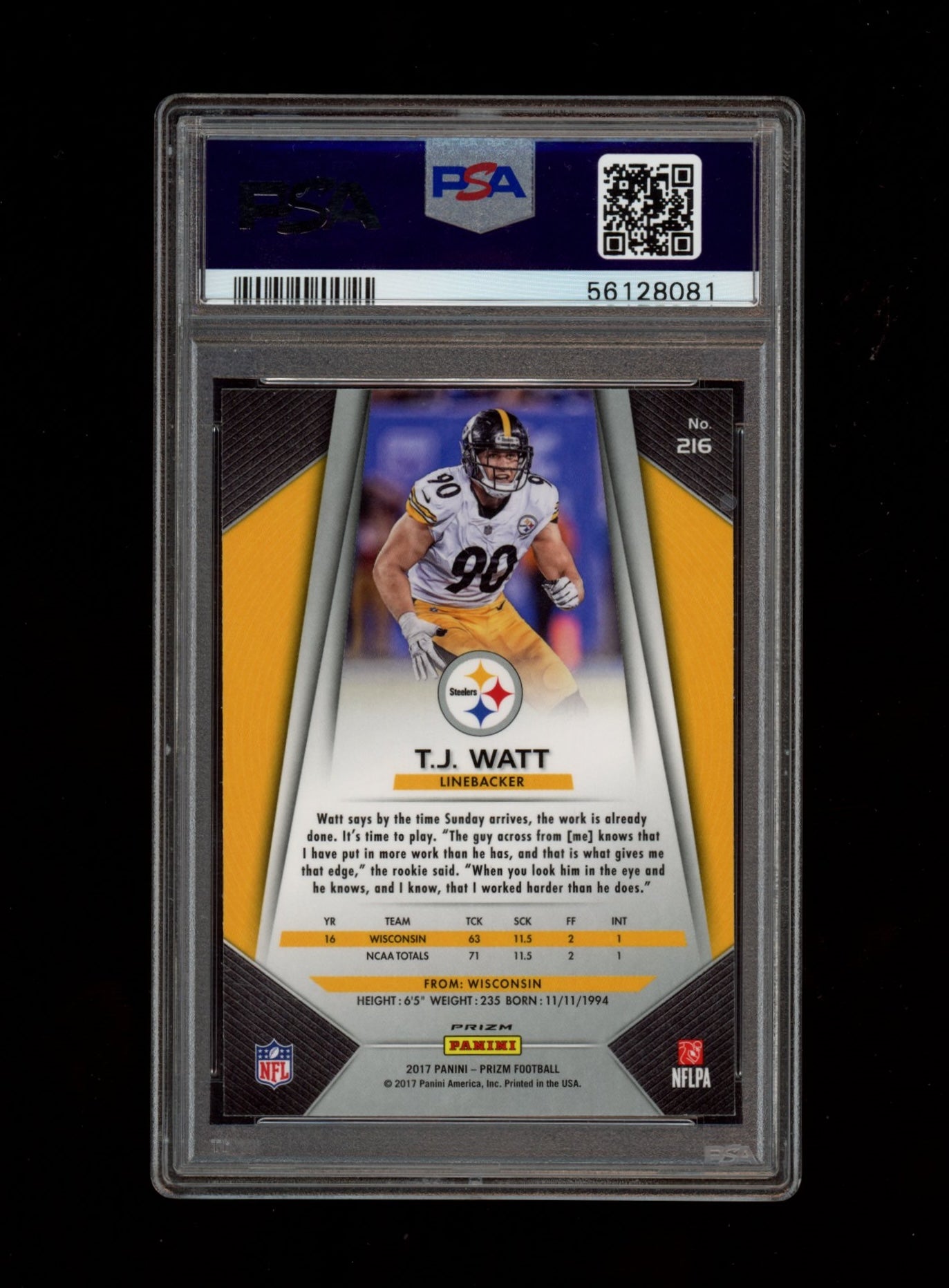 2017 Panini Prizm #216 T.J. Watt Prizm PSA 10