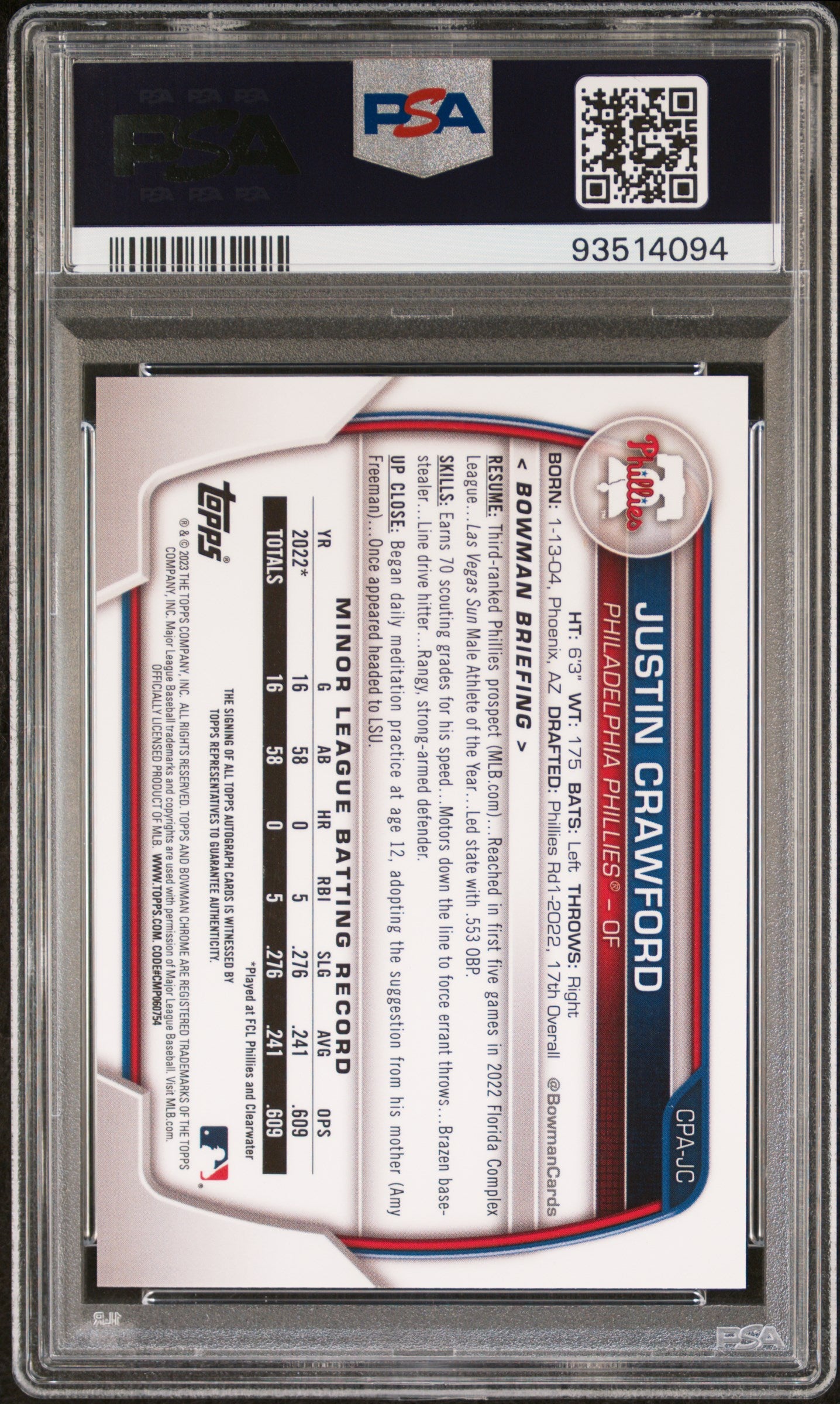2023 Bowman Chrome Auto #CPAJC Justin Crawford Chr Purple Ref /250 PSA 10