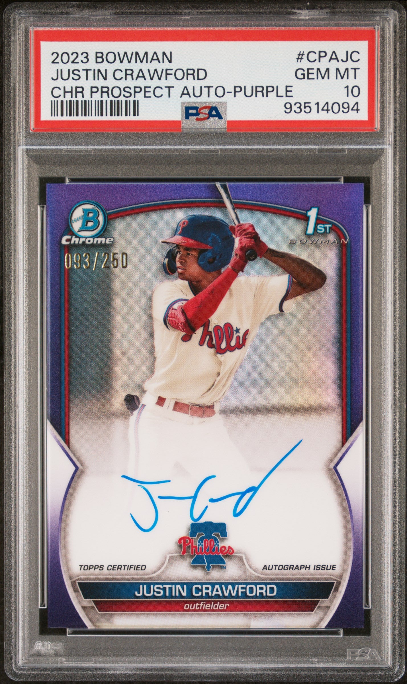 2023 Bowman Chrome Auto #CPAJC Justin Crawford Chr Purple Ref /250 PSA 10