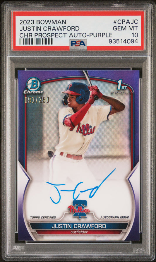 2023 Bowman Chrome Auto #CPAJC Justin Crawford Chr Purple Ref /250 PSA 10