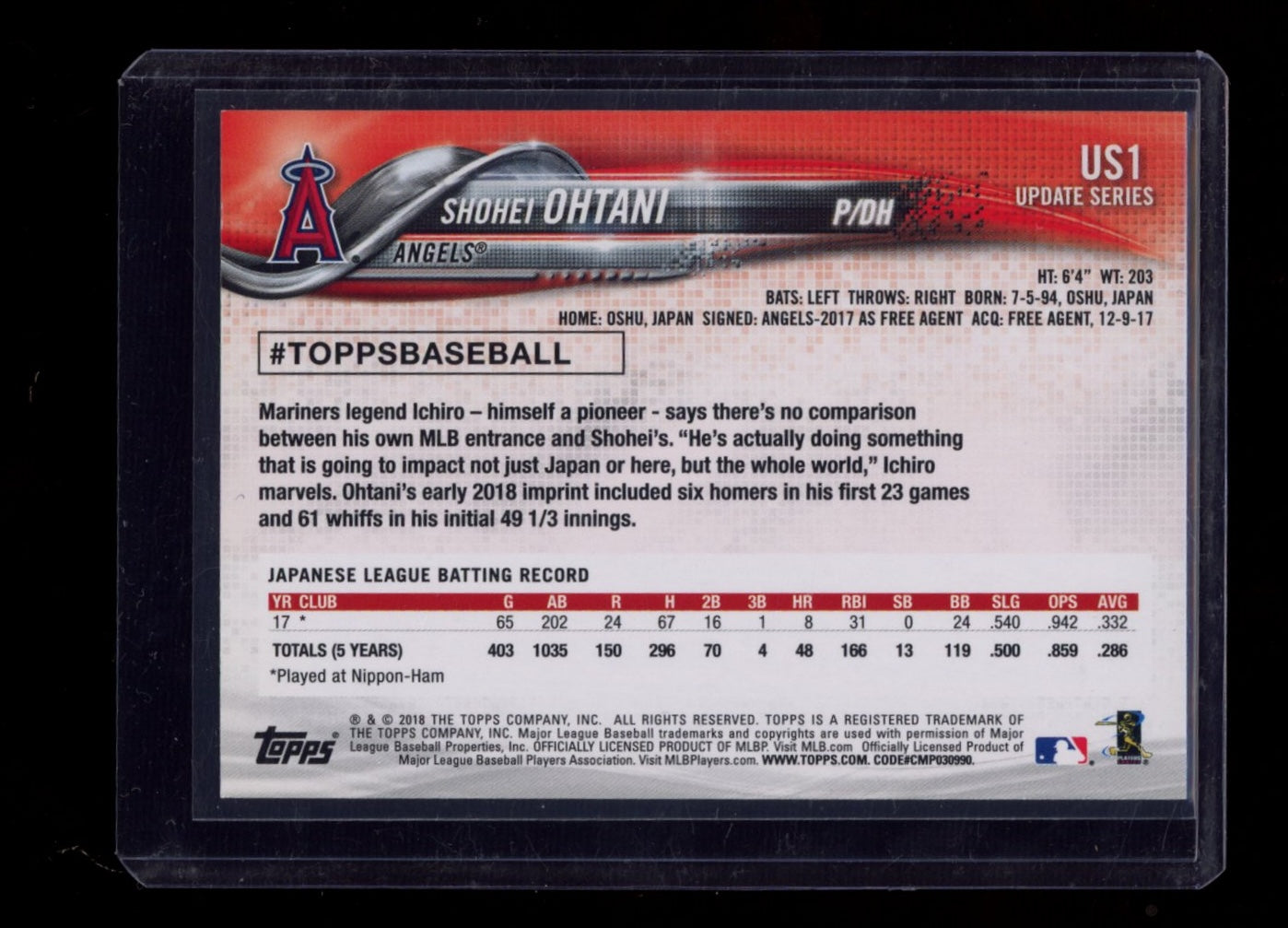 2018 Topps Update #US1 Shohei Ohtani