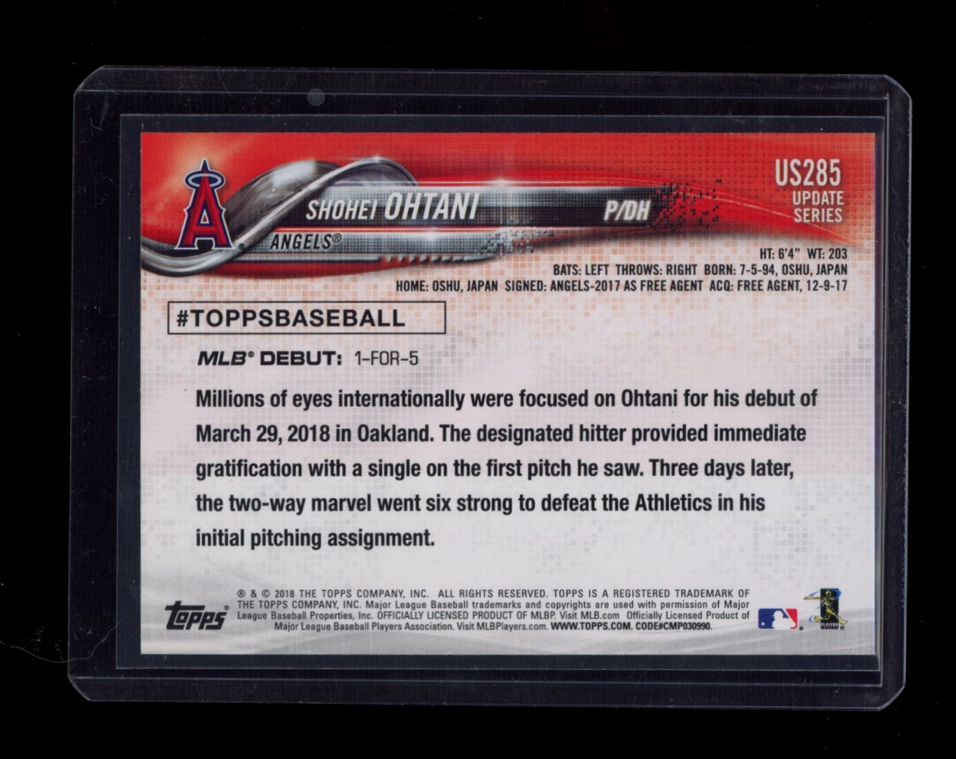 2018 Topps Update #US285 Shohei Ohtani