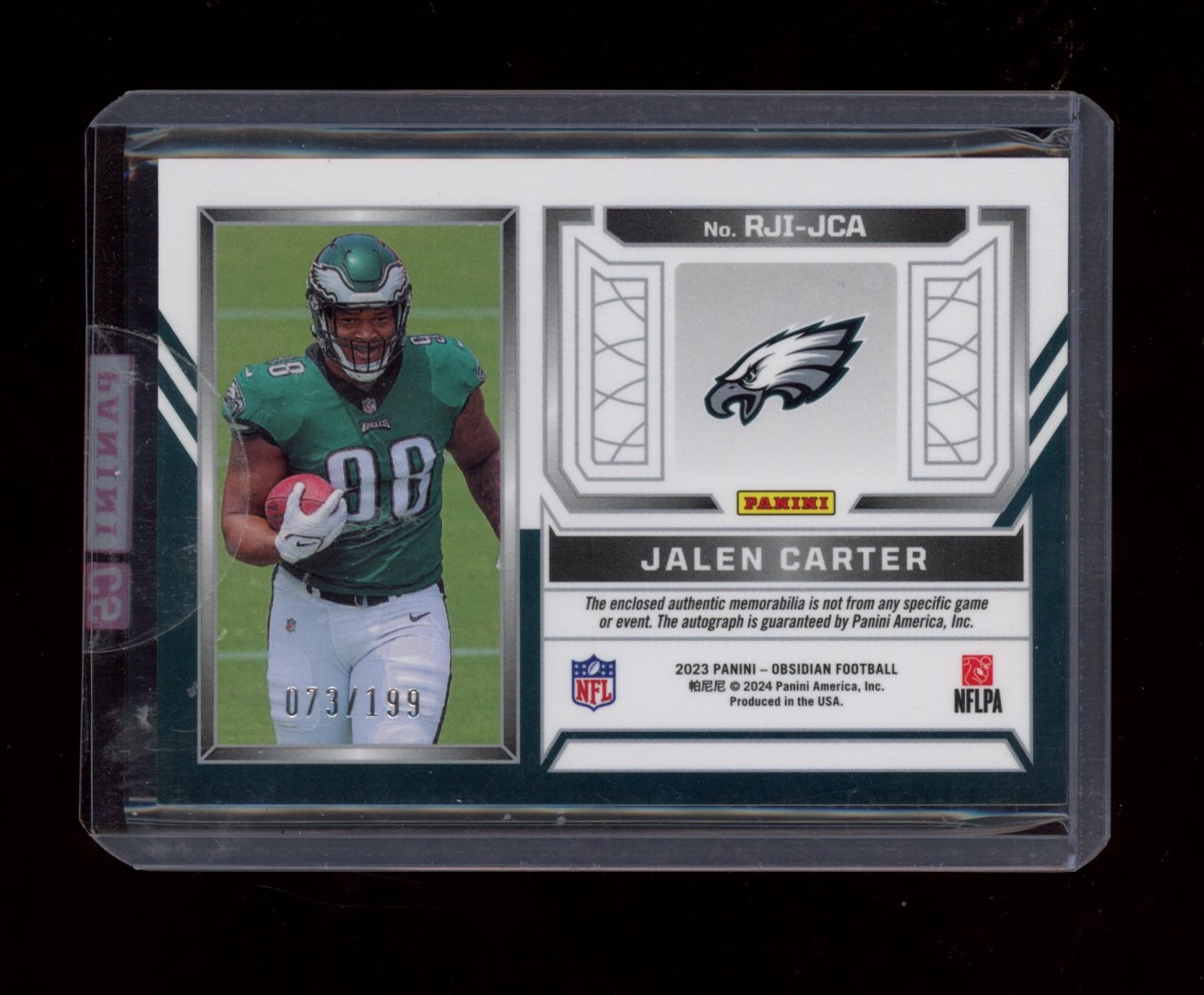 2023 Panini Obsidian #RJI-JCA Jalen Carter Rookie Jersey Ink #/199