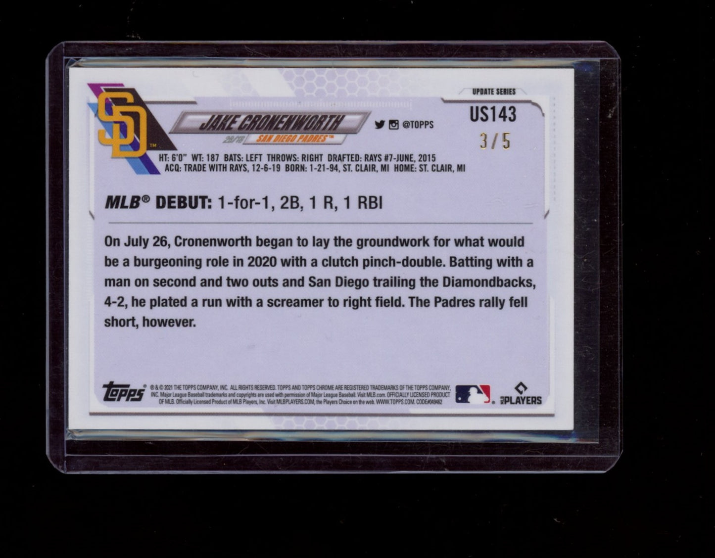 2021 Topps Chrome Update Sapphire Edition #US143 Jake Cronenworth Red #/5