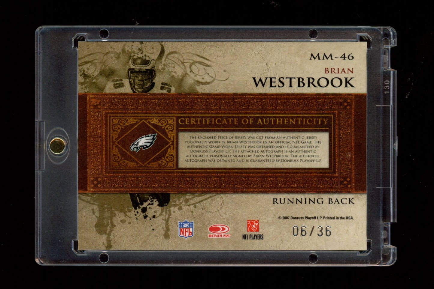 2007 Leaf Limited #MM-46 Brian Westbrook Material Monikers Jersey Number #/36