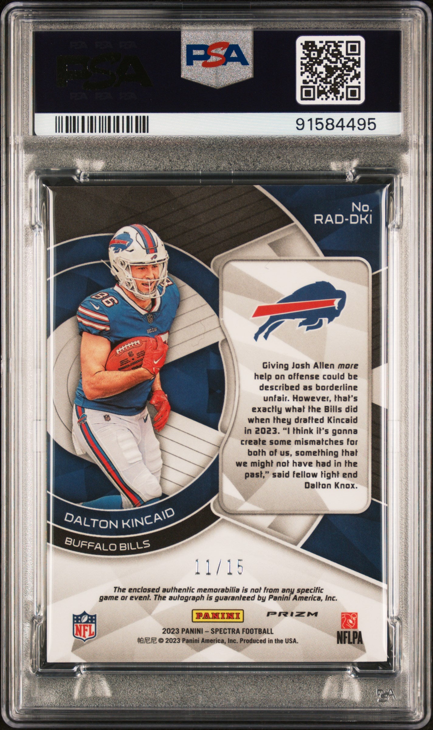 2023 Panini Spectra RPA #RADDKI Dalton Kincaid Radiant /15 PSA 9