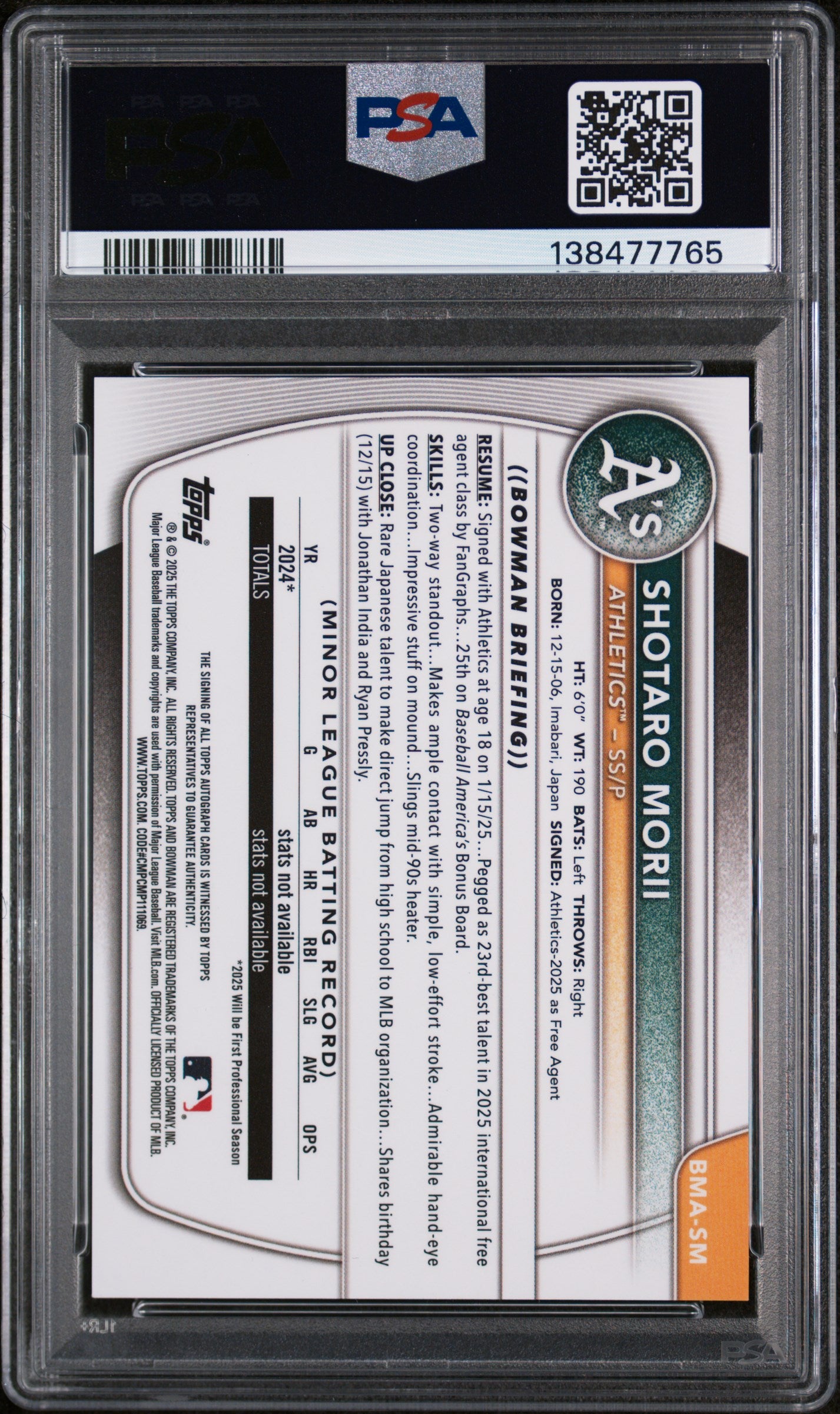 2025 Bowman Chrome Mega Box Chrome Prospects Autographs #SM Shotaro Morii PSA 9