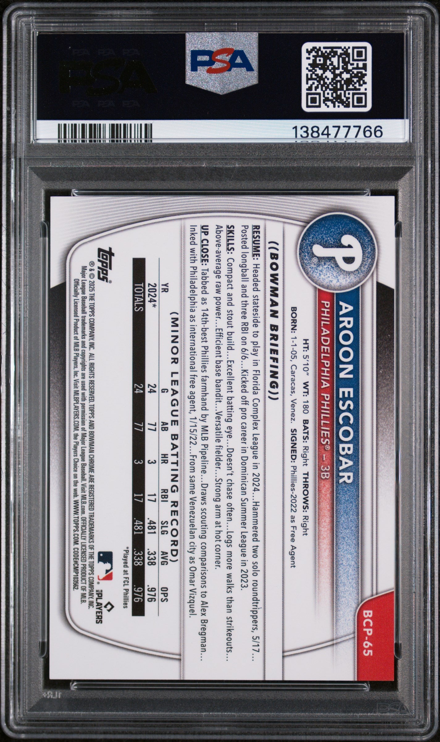 2025 Bowman Mega Box Chrome #65 Aroon Escobar Gold /50 PSA 9