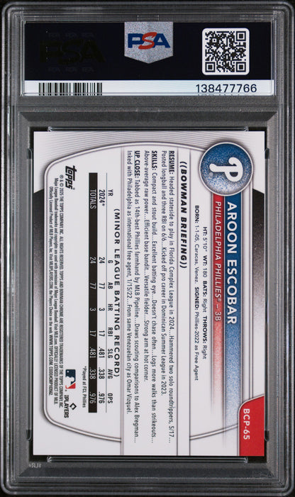 2025 Bowman Mega Box Chrome #65 Aroon Escobar Gold /50 PSA 9