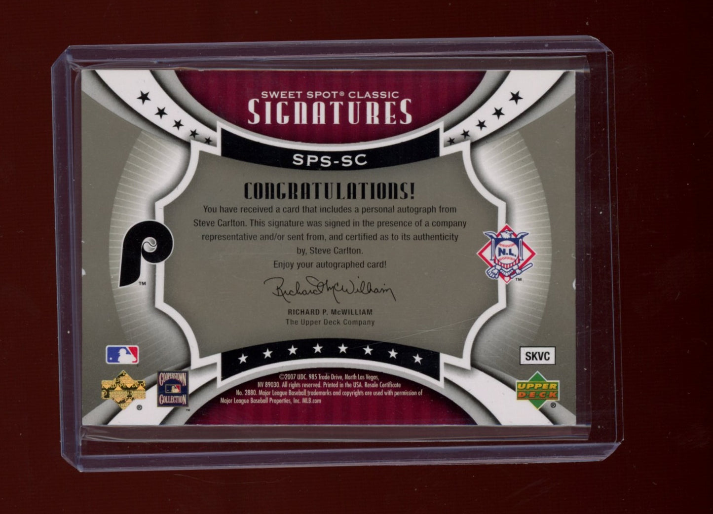 2007 Upper Deck Sweet Spot #SPS-SC Steve Carlton Sig Silver Stitch Blue Ink #/32