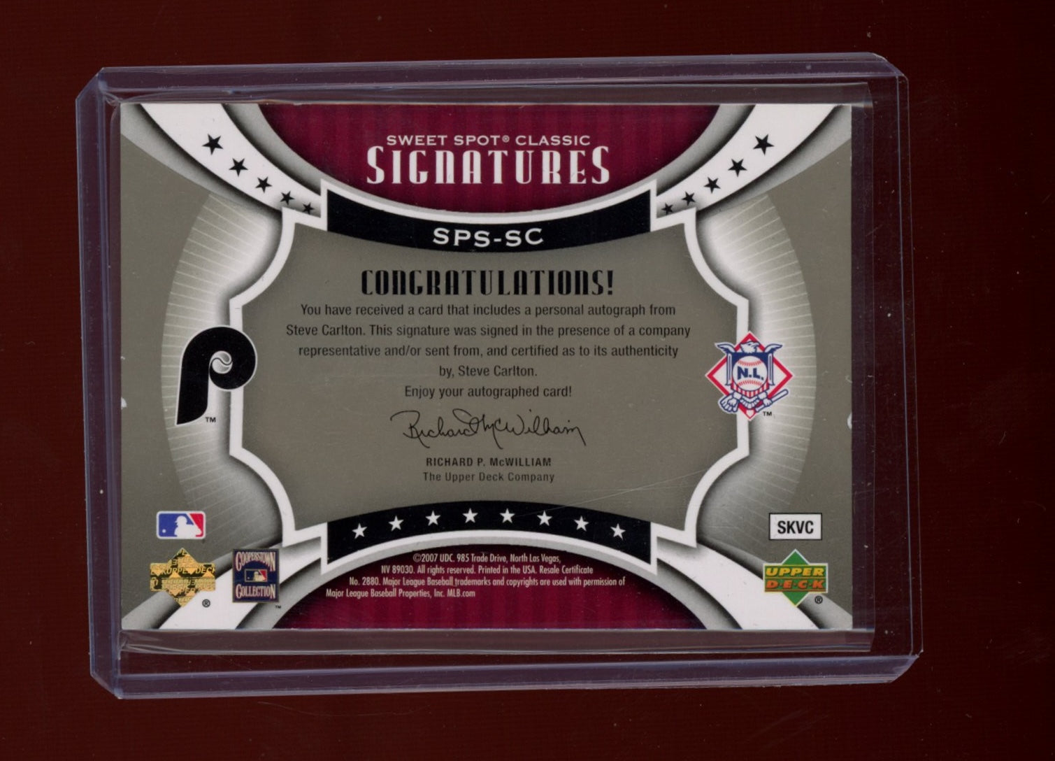 2007 Upper Deck Sweet Spot #SPS-SC Steve Carlton Sig Silver Stitch Blue Ink #/32