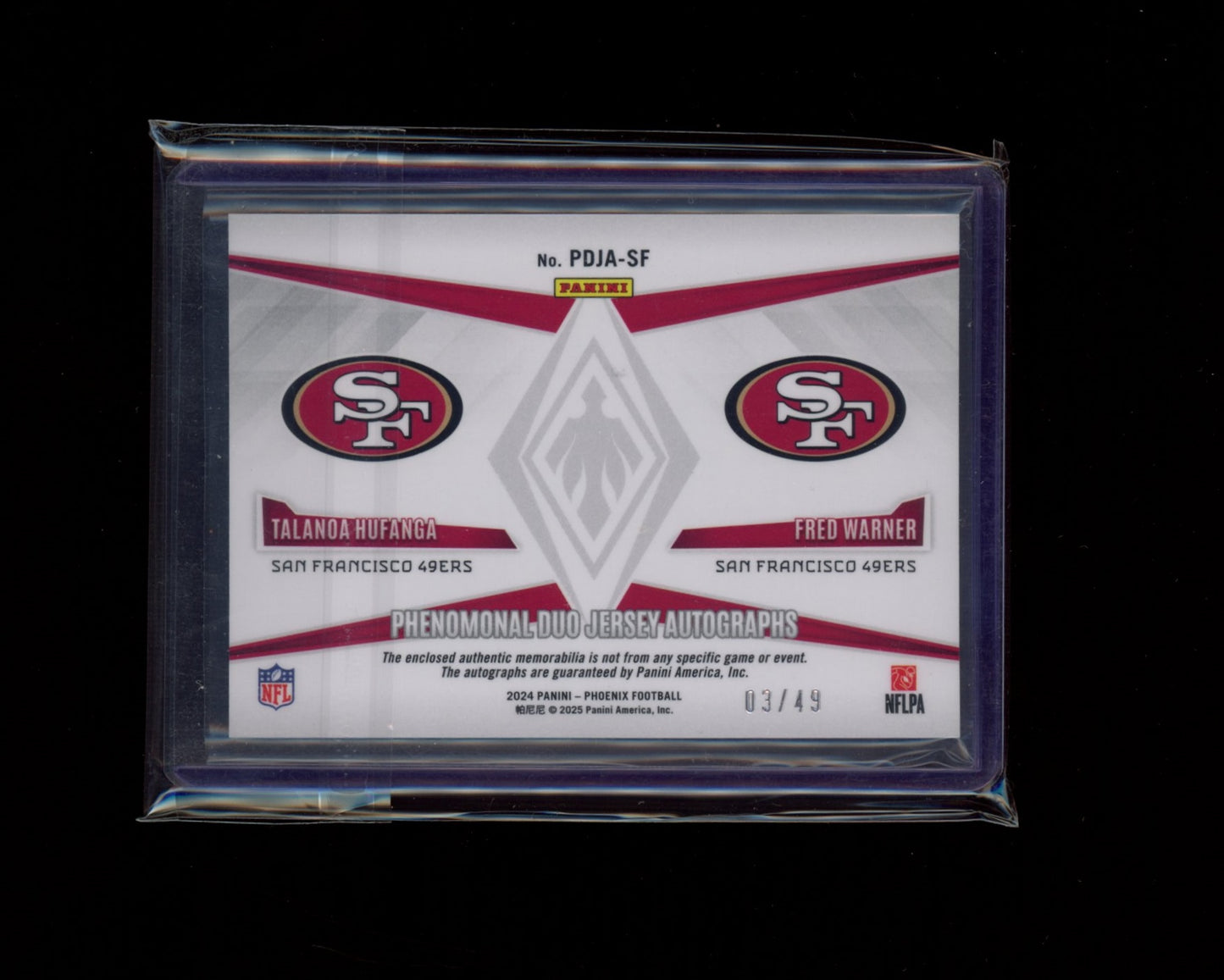 2024 Panini Phoenix #PDJA-SF Hufanga / Fred Warner Duo Jersey Auto #/49